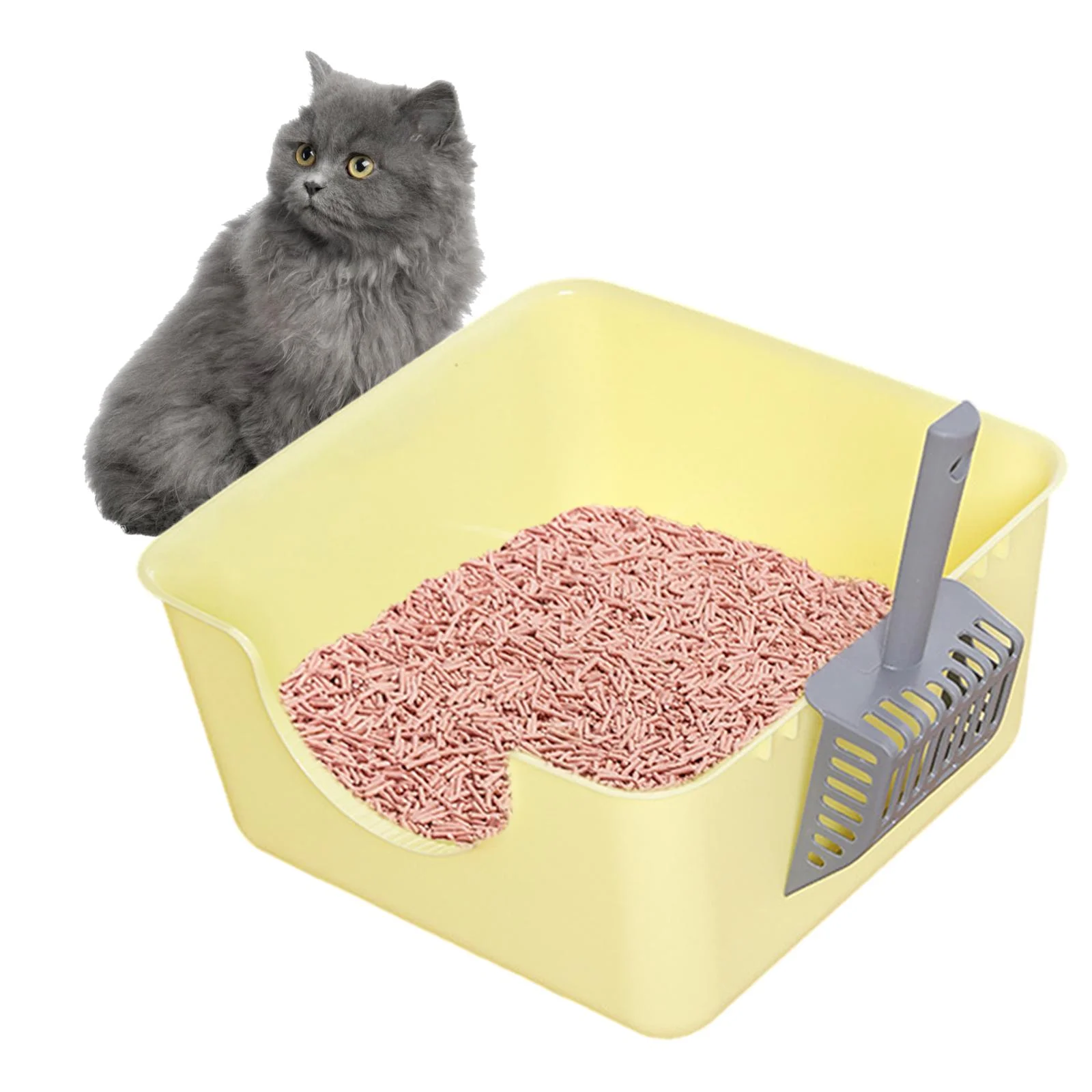 DOLITY Open Litter Box Kitty Litter Pan Durable Easy to Cleaning U Shape Lowered Front yellow