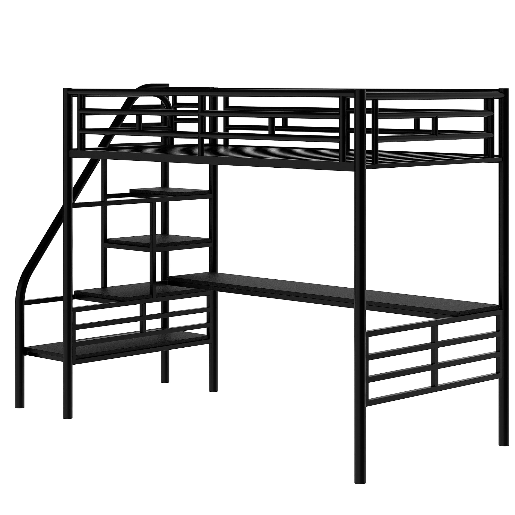 Leadzm Metal Loft Bed Frame with Desk, No Box Spring Needed,Twin ,Black