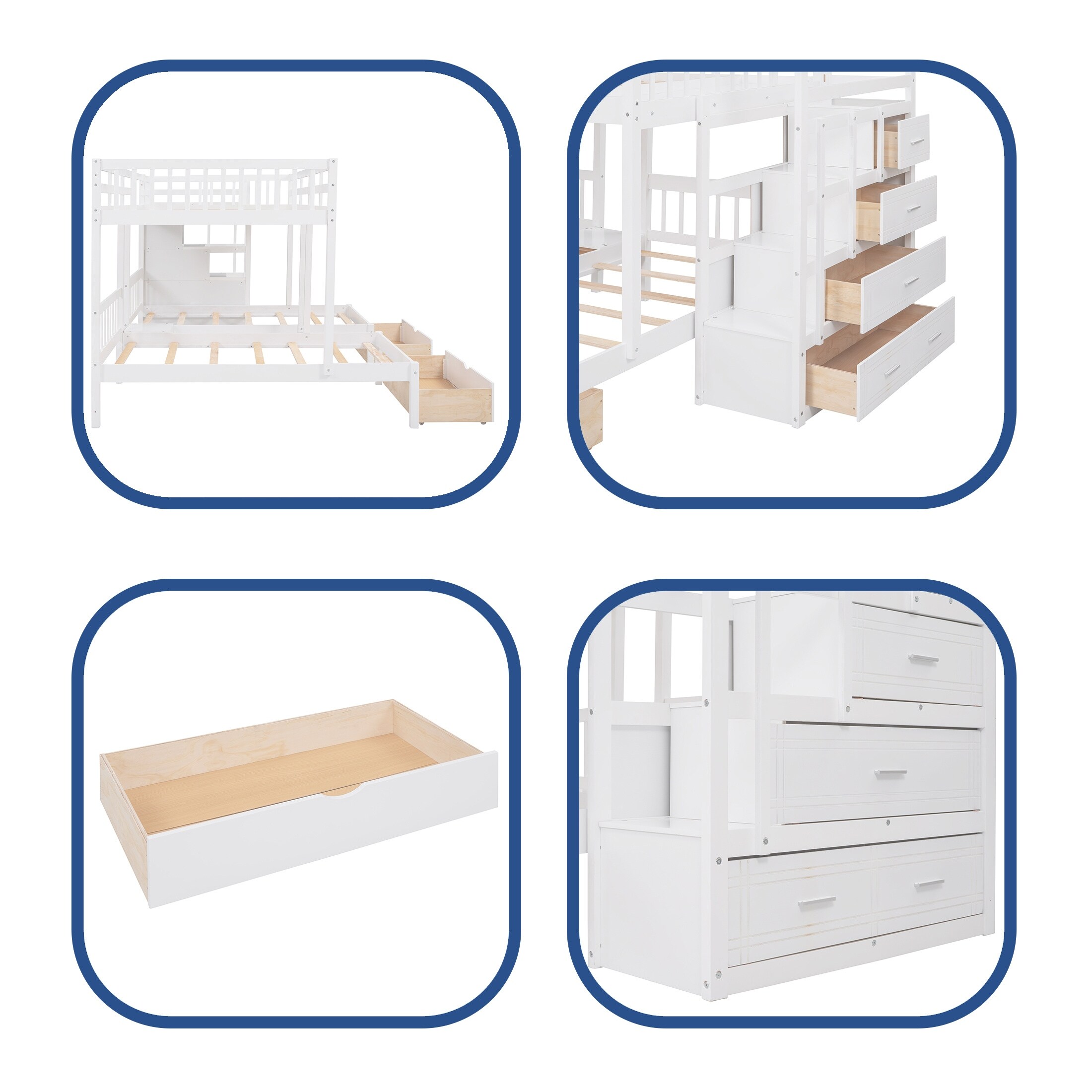 YJTONWIN Full Over Twin & Twin Bunk Bed Wood Triple with Drawers White