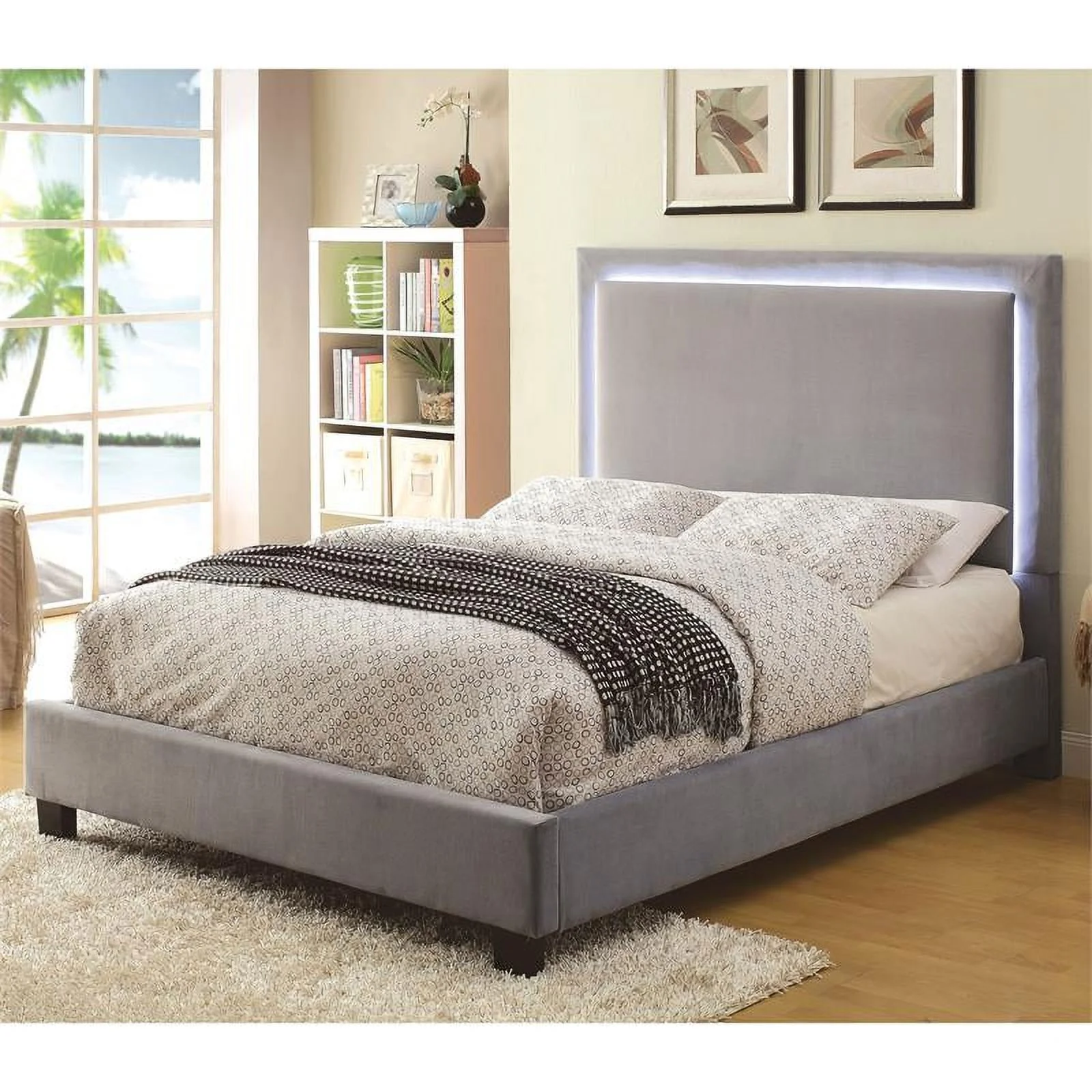 Furniture of America Luna Fabric King Bed with LED Lights in Gray