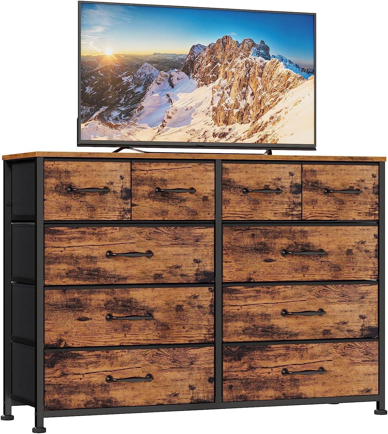 JIAH White Dresser for Bedroom, 10 Drawers Dresser for 55'' Long TV Stand Entertainment Center, Storage Organizer for Closet, Living Room, Entryway, Fabric Bins, Wood Top, Metal Frame(White)