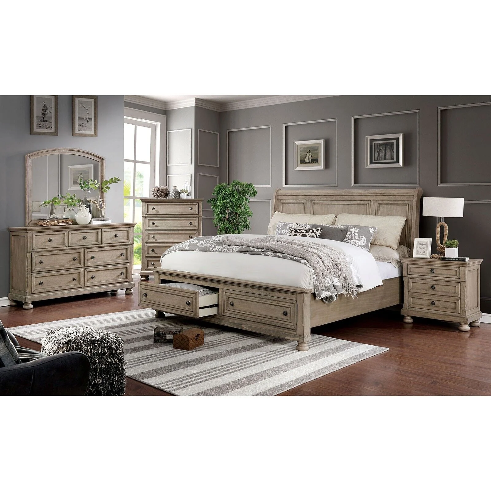 Transitional Style Gray Finish Solid wood Bedroom 4pc Set Eastern King Size Bed Dresser Mirror Nightstand Furniture