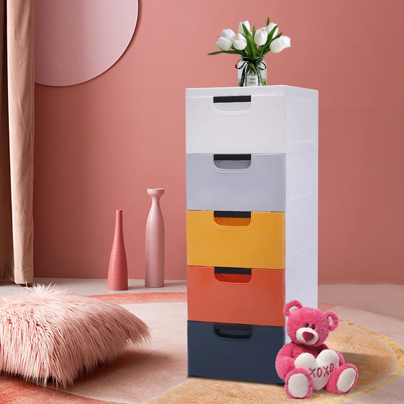 Miumaeov Plastic Drawers,Storage Cabinet with 5 Drawers, Closet Drawers Tall Dresser Organizer for Clothes, Playroom, Bedroom Furniture, Stackable Vertical Clothes Storage Tower, Small Chest Closet