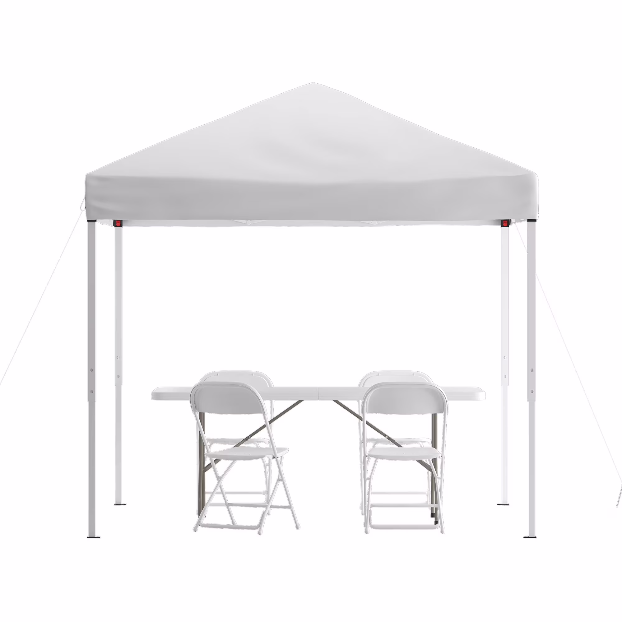 Otis Portable Tailgate/Event Tent Set - 8'x8' White Pop Up Canopy Tent, 6-Foot Bi-Fold Table, Set of 4 White Folding Chairs