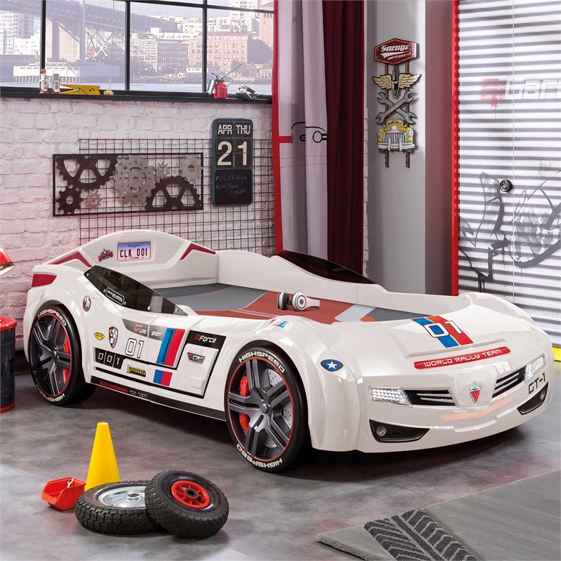 Cilek Kids Room GTS Biturbo Remote Control Wood Twin Race Car Bed in White