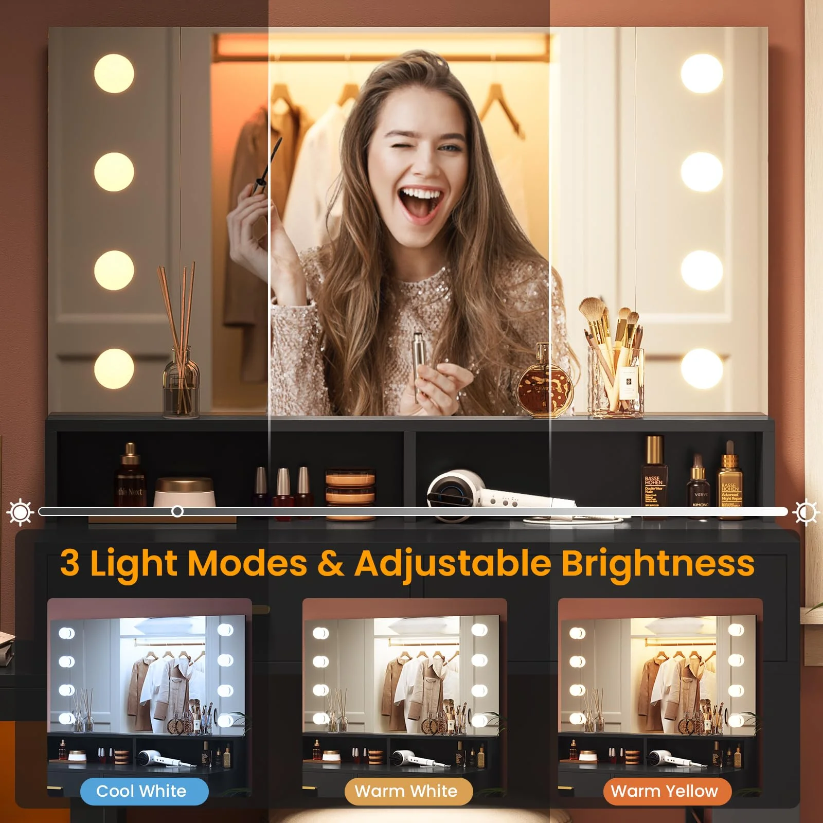 Vanity Table with Charging Station, Makeup Dressing Desk with 3 Drawers LED Dresser, Black