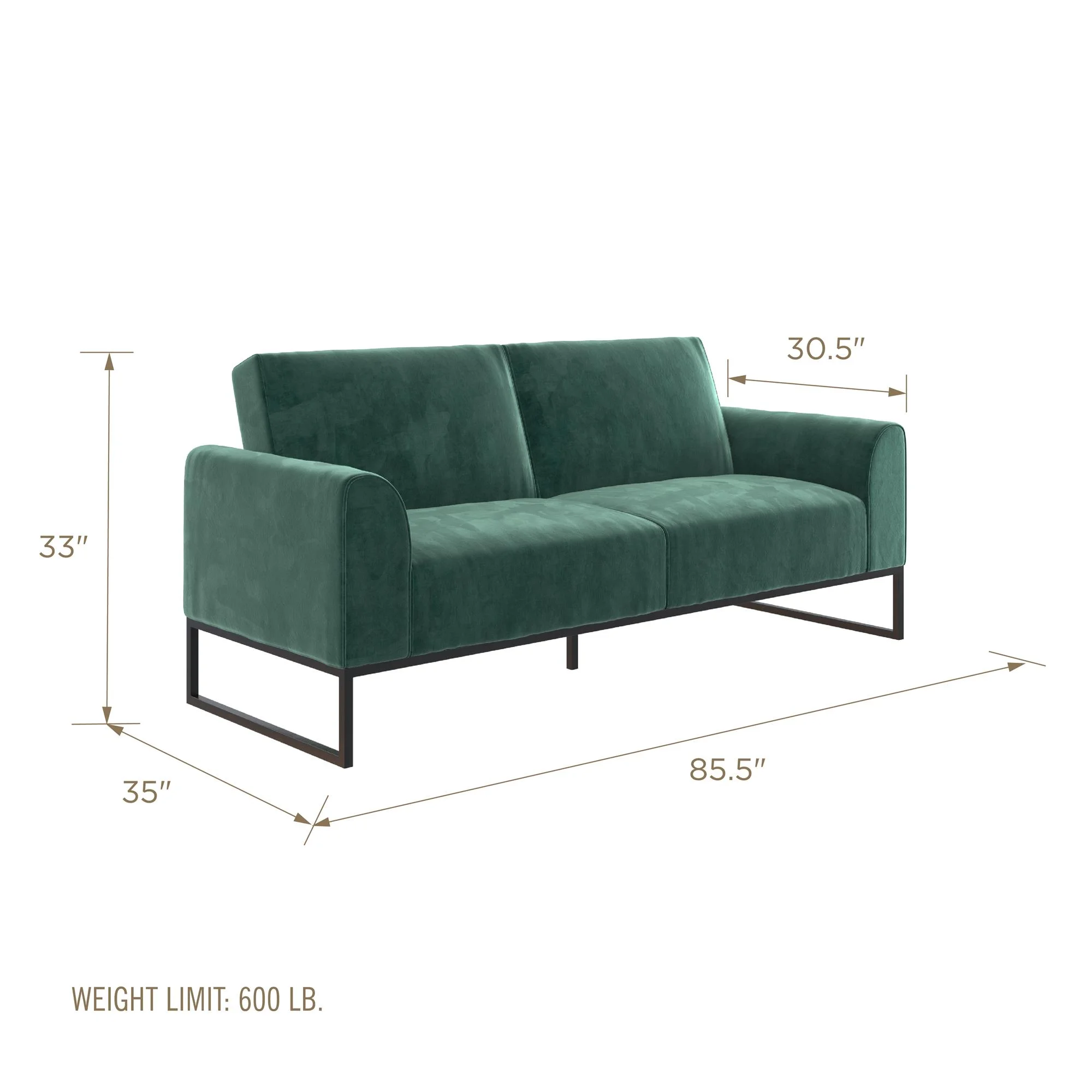 CosmoLiving Adley Coil Futon, Medium Teal Velvet with Black Metal Base