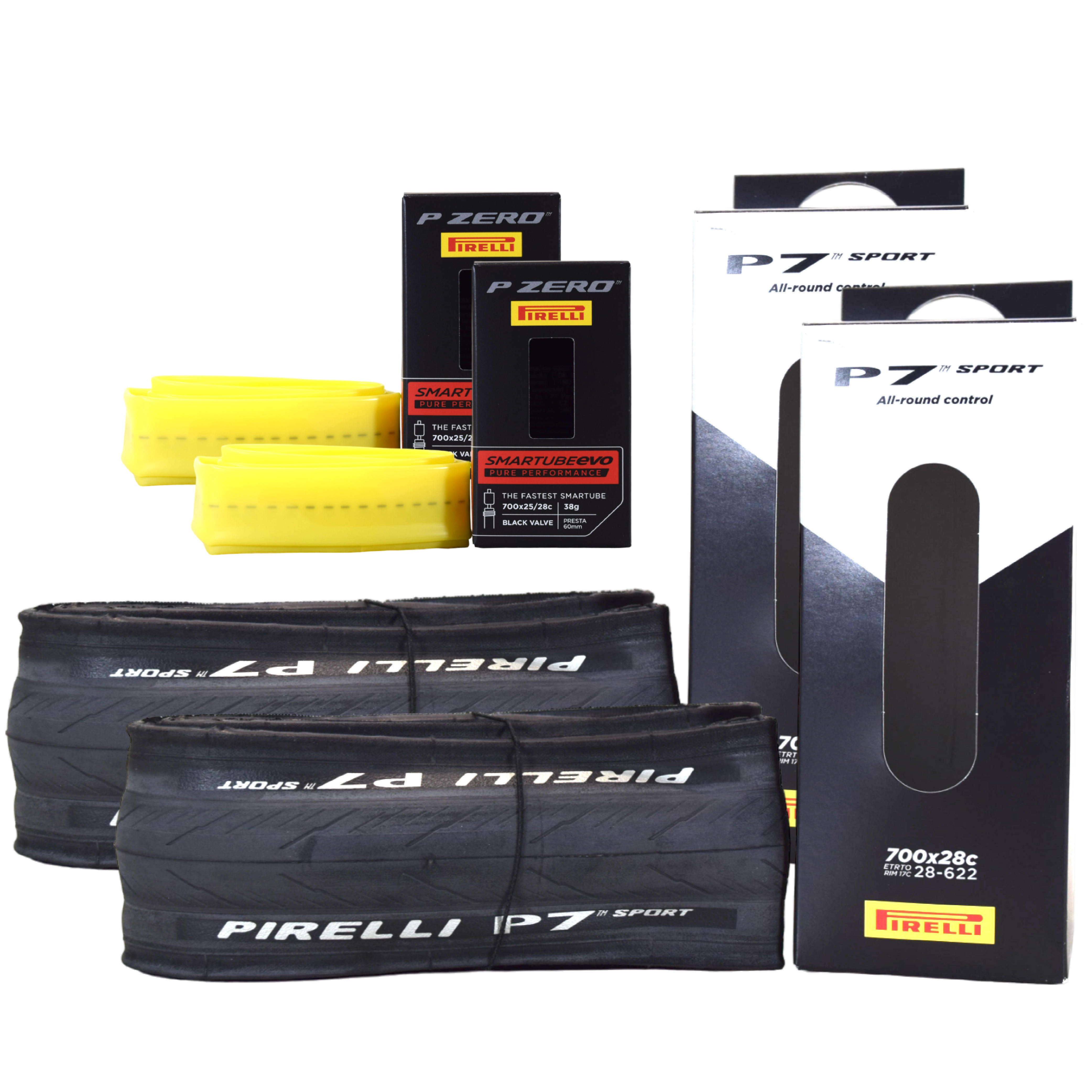 Pirelli P7 Sport 28-622 (700x28c) Road Bicyle Tire + SmarTUBE EVO 25/28-622 Presta 60mm - 2 Pack