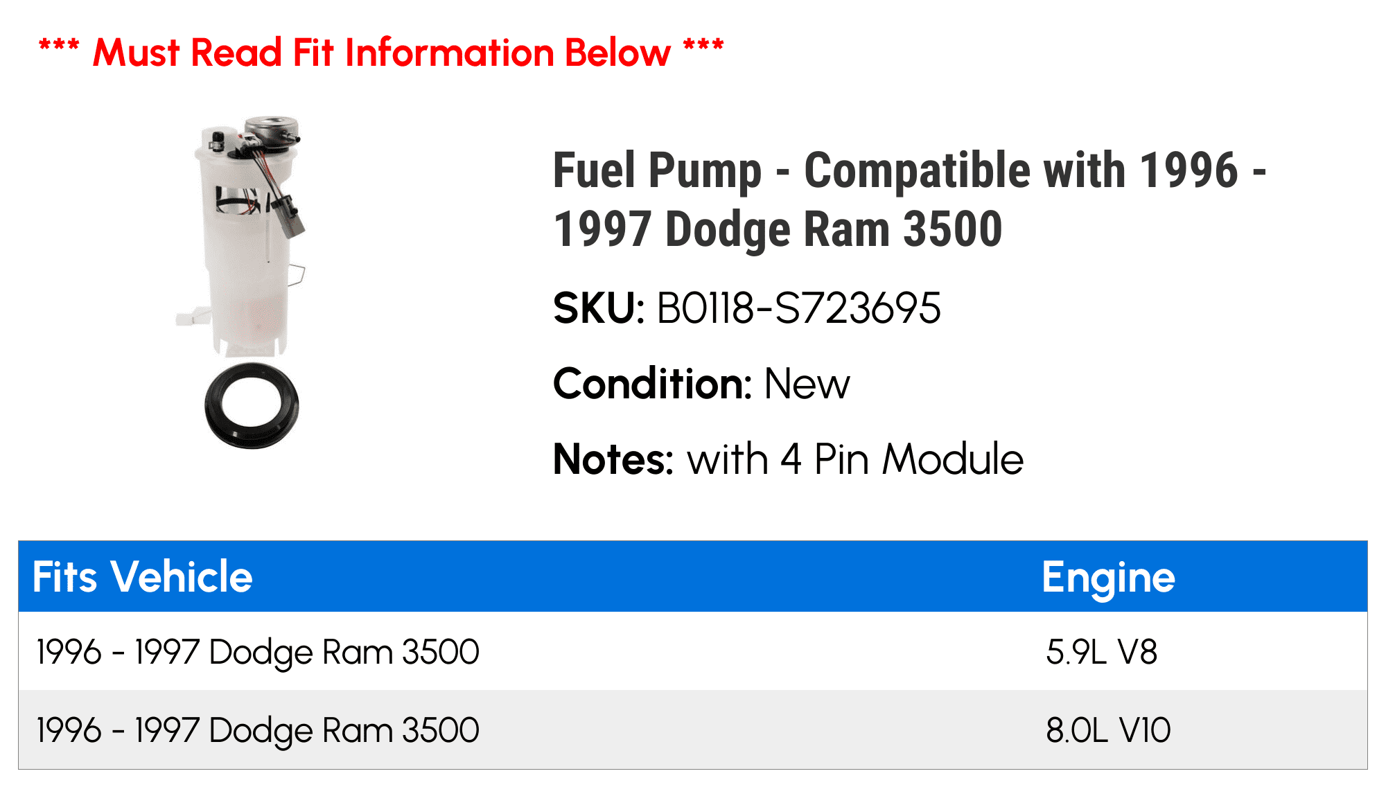 Fuel Pump - Compatible with 1996 - 1997 Dodge Ram 3500