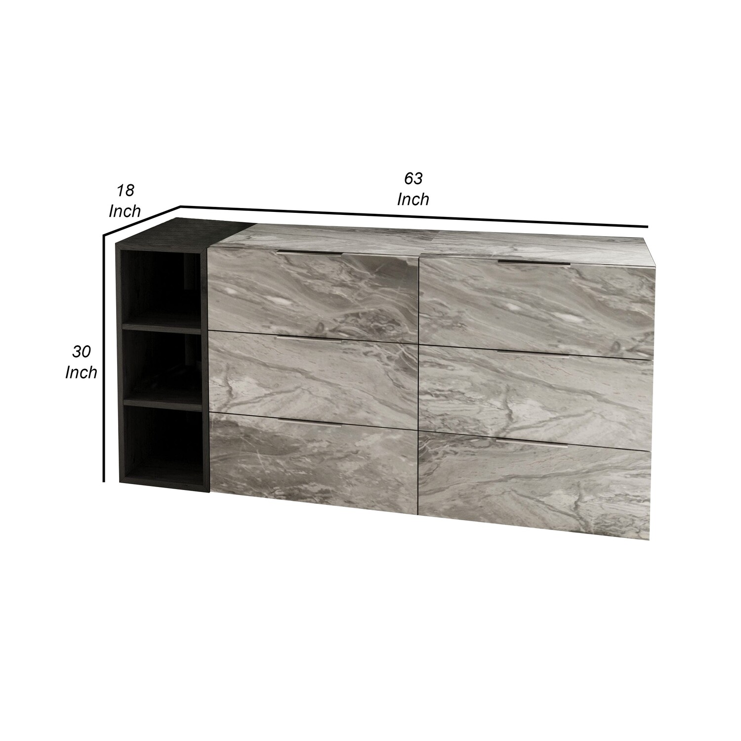 Benjara Noe Minn 63 Inch Dresser, 6 Gliding Drawers, Faux Marble Front, Smooth Gray