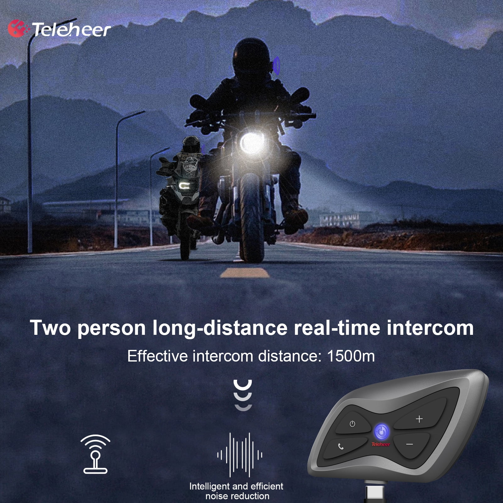Teleheer T6 Plus Motorcycle Helmet Intercom 1500M BT5.1 Hands-free Interphone Full Duplex IP65 Waterproof Dustproof with Microphone