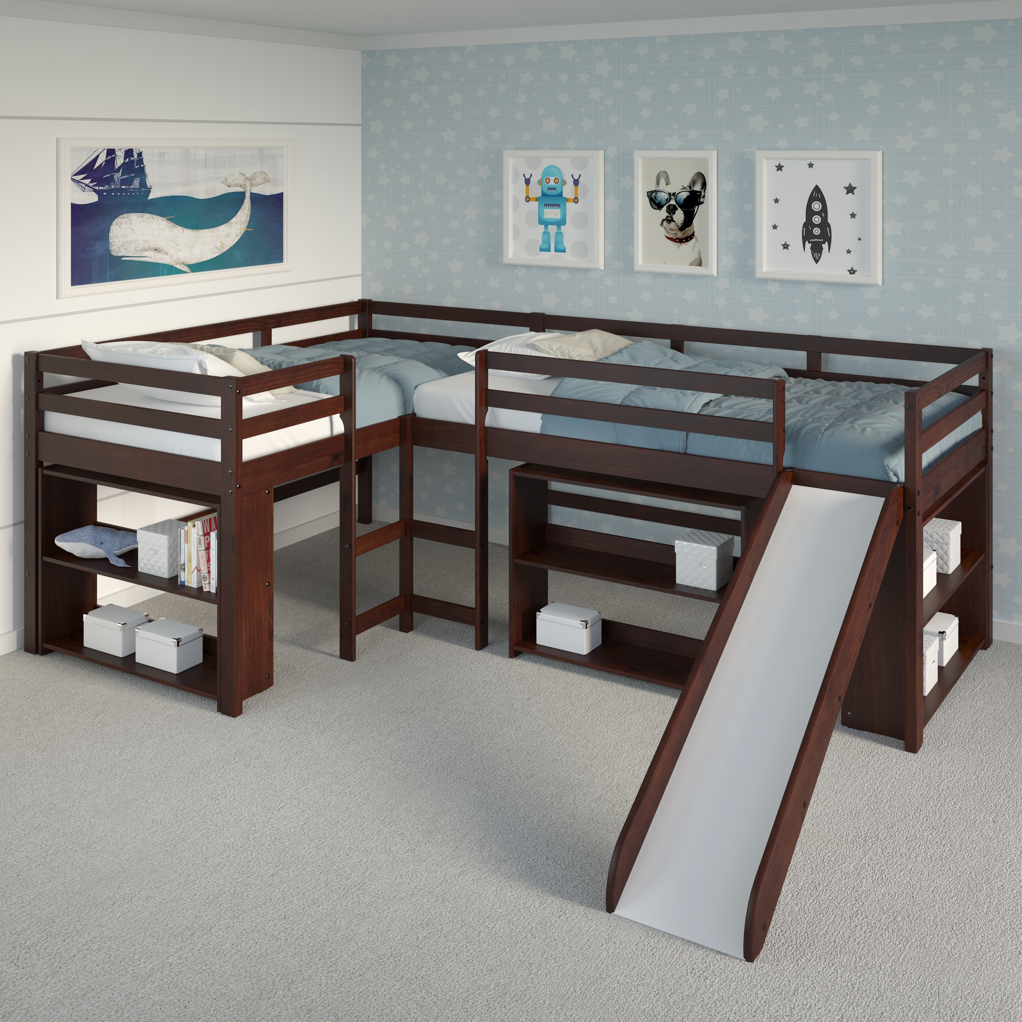Double Twin L-Shaped Slide Loft Bedroom Set in Dark Cappuccino With 6 Drawer Chest and 2 Bookcases Dresser and Two Bookcases Cappuccino Finish