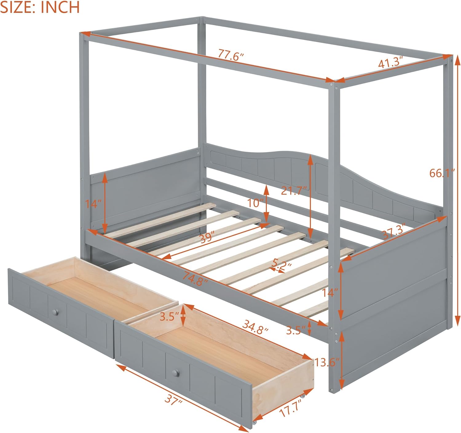 Canopy Bed With Storage, Wood Daybed Frame With 2 Drawers, Sofa Bed, Platform Bed Frame For Kids, Teens, Adults, No Box Spring Required, Gray