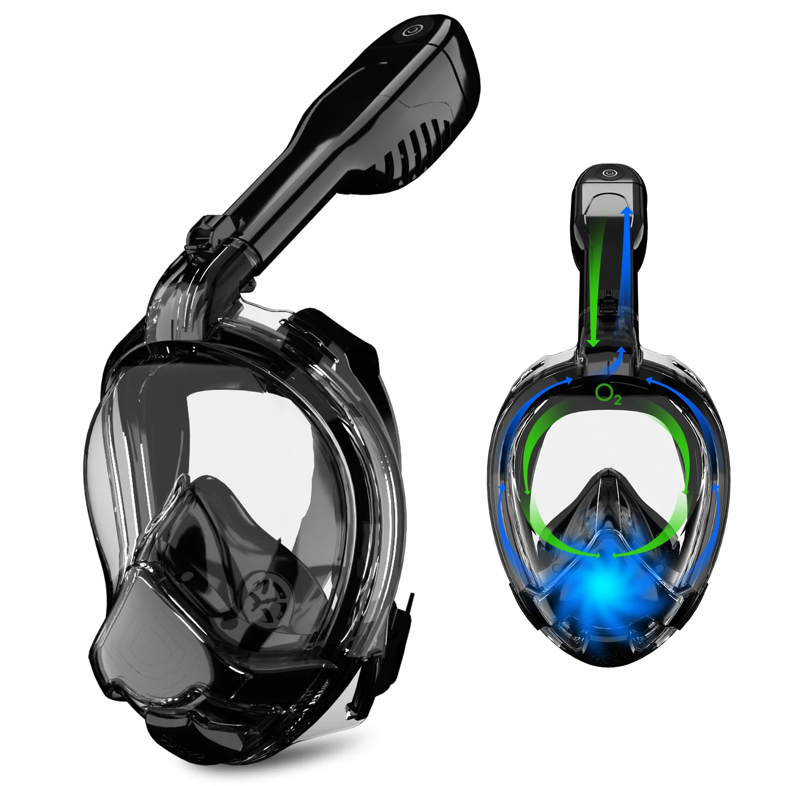 Electric Full Face Snorkel Mask Foldable Snorkeling Gear Smart Breathing Low CO₂ Standard Anti-Fog Snorkeling Mask, 180° Panoramic View with Detachable Camera Mount Snorkeling - Black