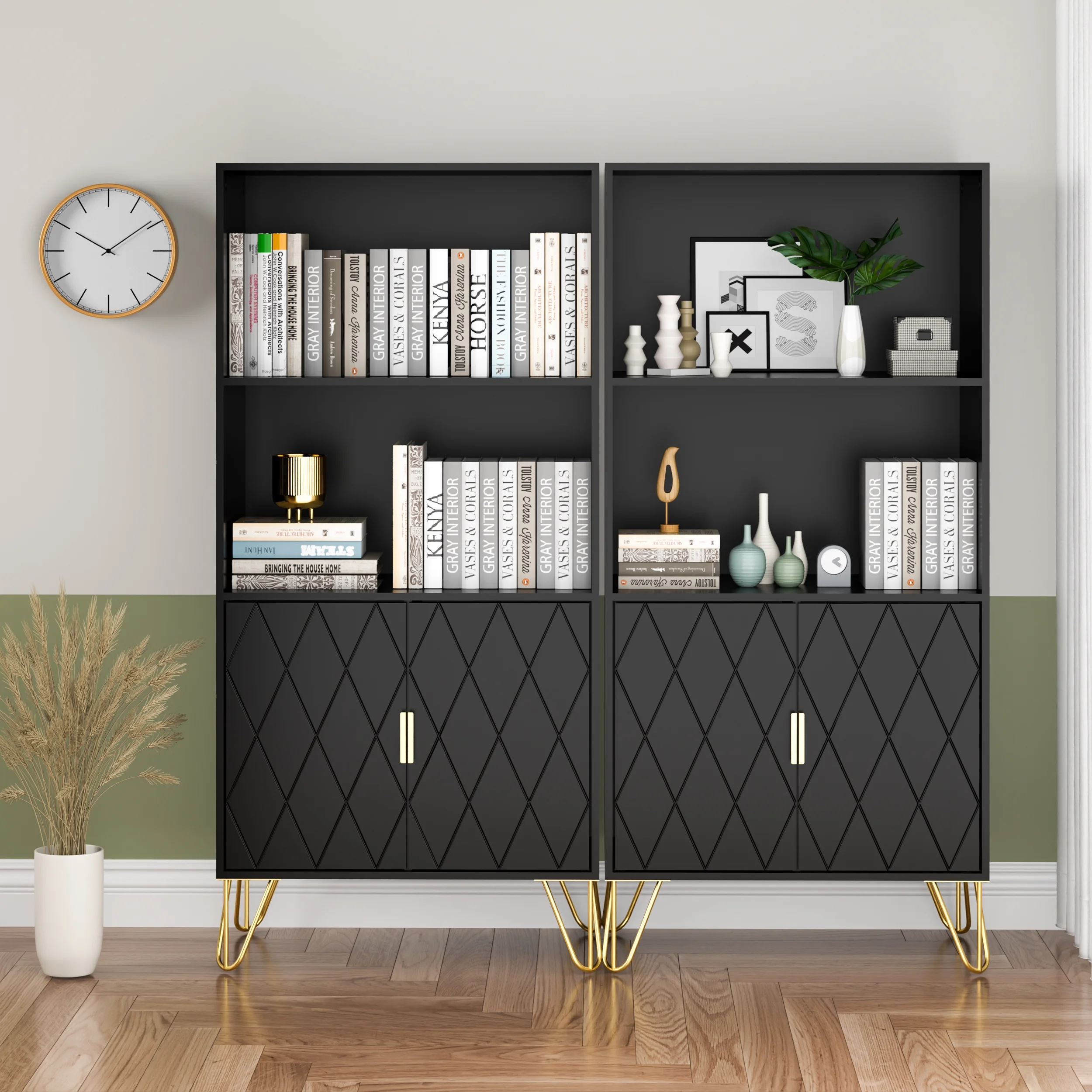 Eclife Bookshelves and Bookcases with Doors, 3 Shelves Display Storage 50 inch Tall Library Home Decor Furniture for Home Office, Living Room, Black
