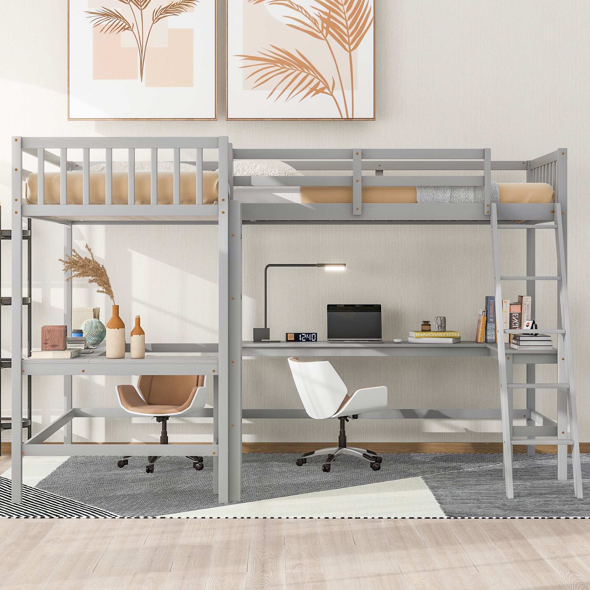 Multifunctional Twin Size L-Shaped High Loft Bed with Ladder and 2 Built-in L-Shaped Desks, Sturdy Wooden Loftbed Frame with Ladder & Safety Guardrail for Teens Bedroom