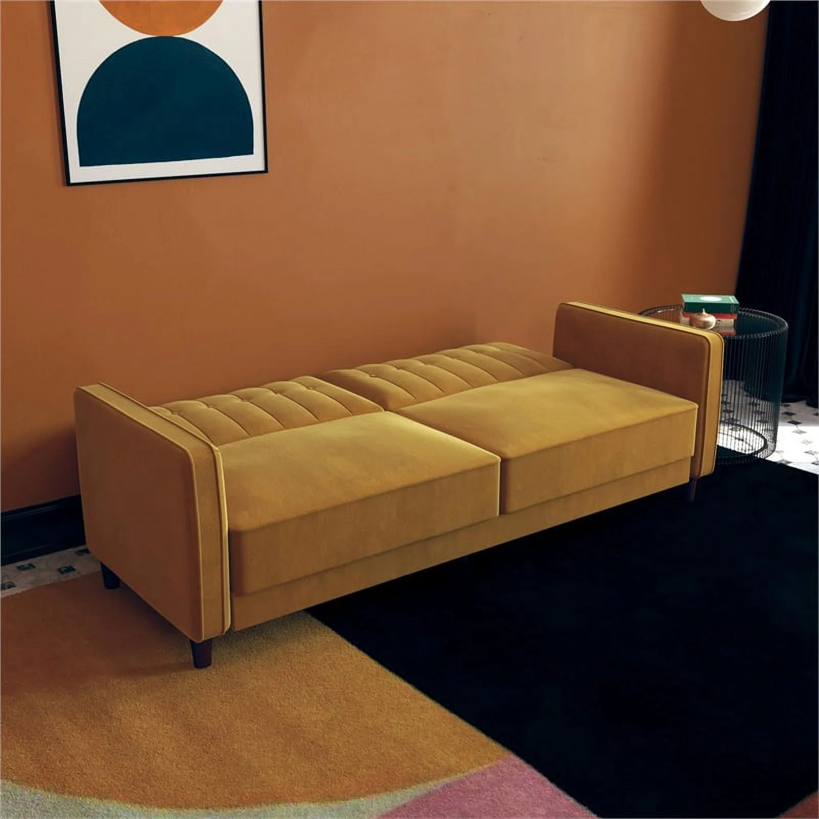 DHP Ivana Mid-Century Wood Tufted Transitional Velvet Futon in Mustard Yellow