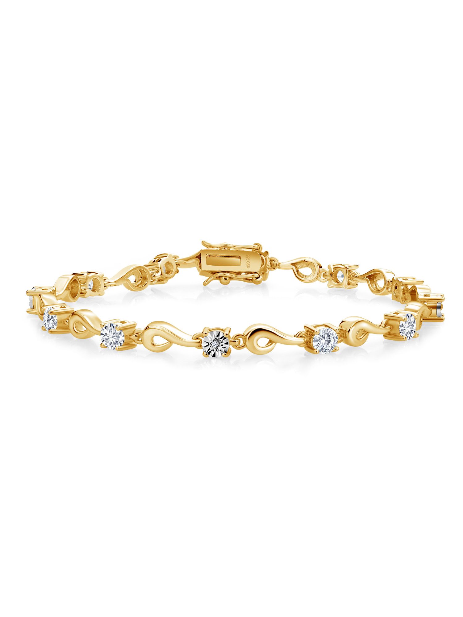 Gem Stone King 18K Yellow Gold Plated Silver Sky Blue Aquamarine and White Lab Grown Diamond Bracelet For Women (2.35 Cttw, Gemstone March Birthstone, Round 4MM, 7 inch)