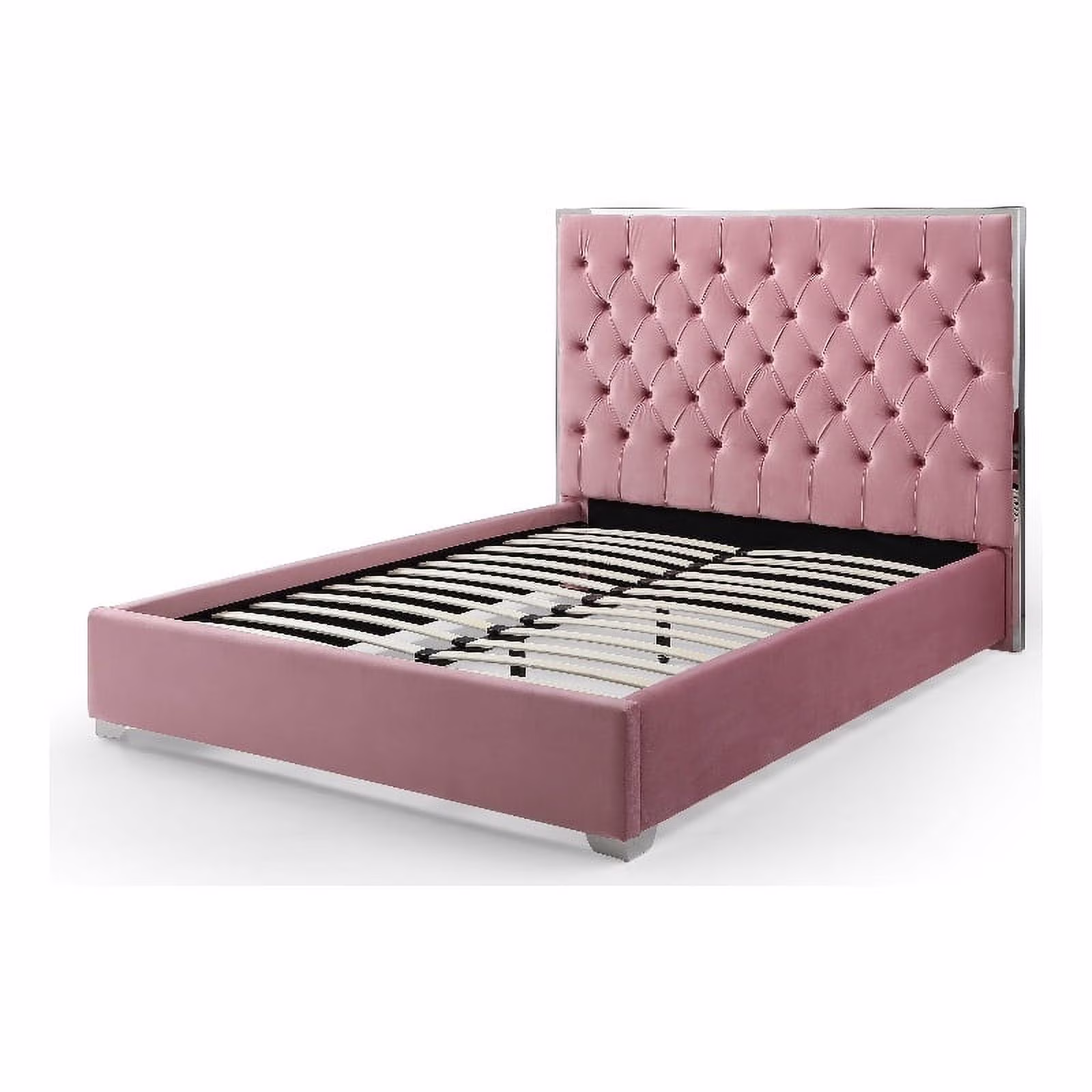 Better Home Products Sophia Velvet Queen Bed with Silver Metal Frame in Pink