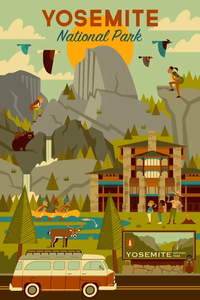 Yosemite National Park, California, Half Dome, Lodge, Geometric National Park Series (12x18 Wall Art Poster, Room Decor)