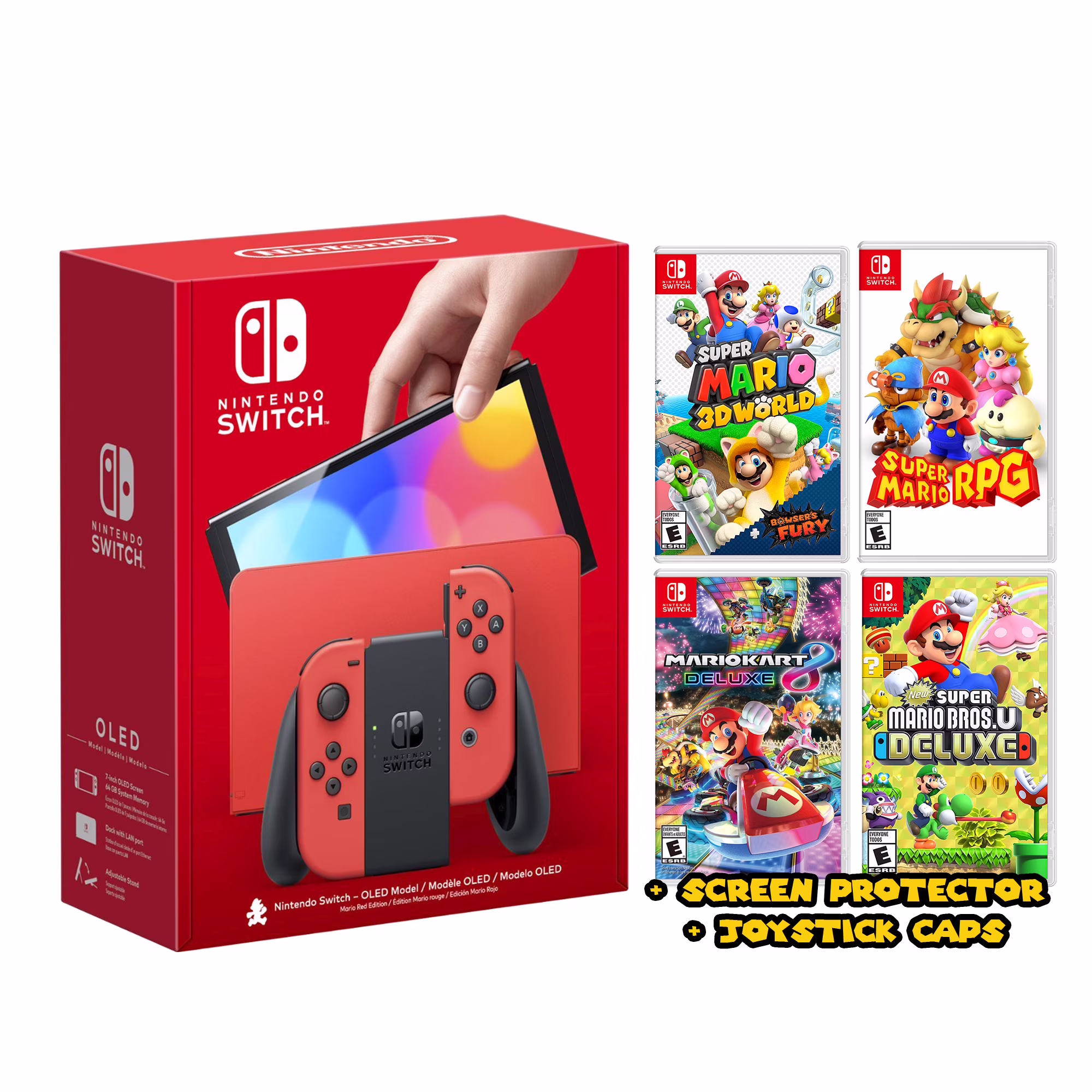 Nintendo Switch OLED Model Mario Red Edition Console Classics Bundle: Mario Kart 8 Deluxe, Mario 3D World + Bowser's Fury, Mario Bros. U, Mario RPG, Mytrix Accessories -JP Version Region Free