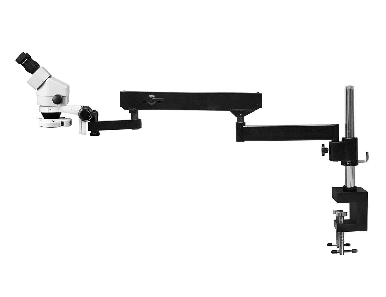 Vision Scientific Binocular Zoom Stereo Microscope, 10x WF Eyepiece, 0.7x-4.5x Zoom Range, 7x-45x Magnification Range, Articulating Arm Pillar Clamp Stand, 144-LED Ring Light with Intensity Control