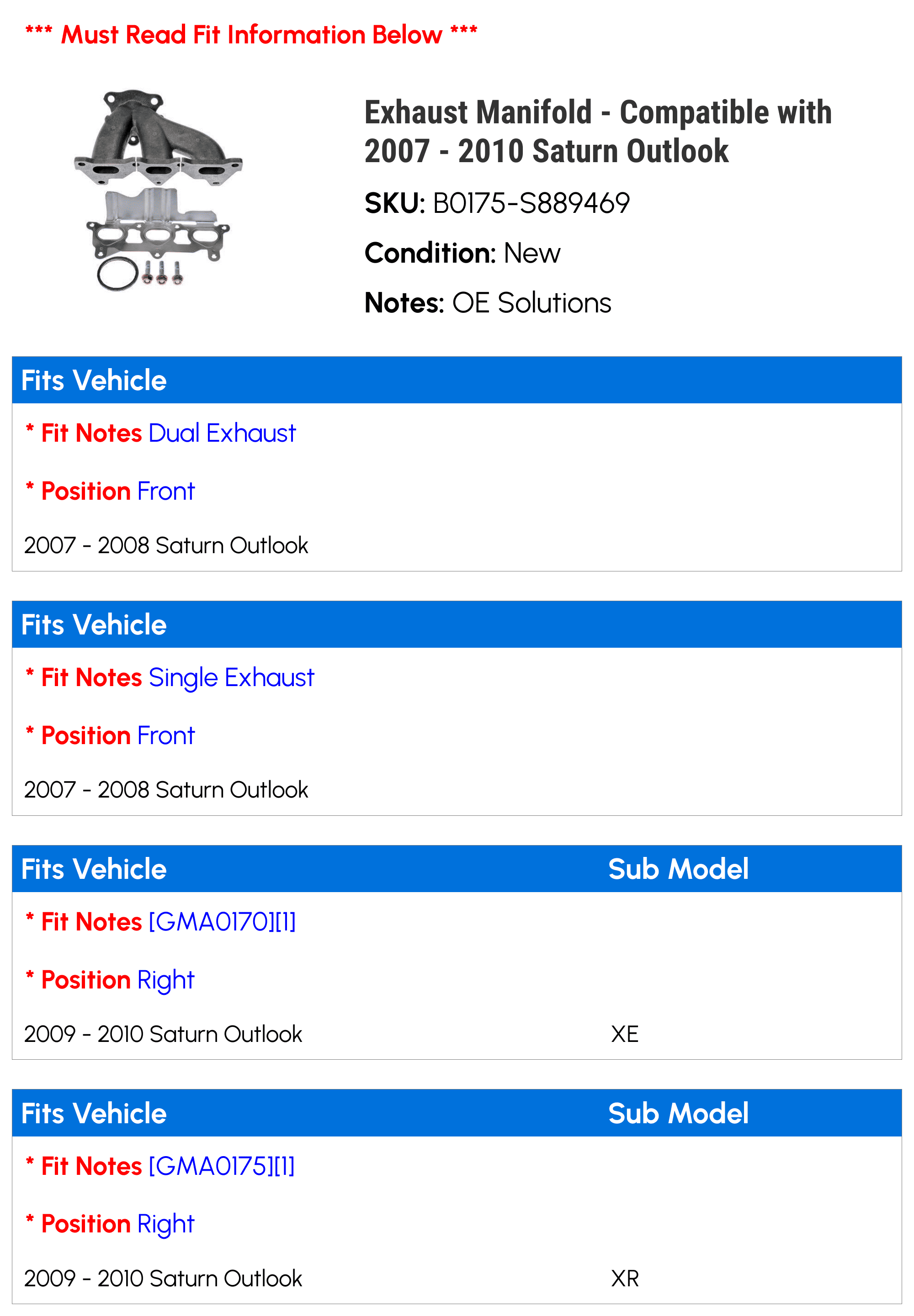 Exhaust Manifold - Compatible with 2007 - 2010 Saturn Outlook 2008 2009