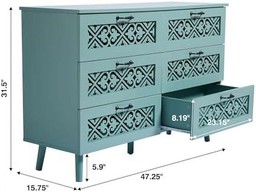 GEROBOOM 6 Drawer Dresser  Modern Farmhouse Dresser Chest with Wide Drawers and Metal Handles  Hollow Carved Design  Chest of Drawers for Bedroom  Living Room  Hallway (Blue)