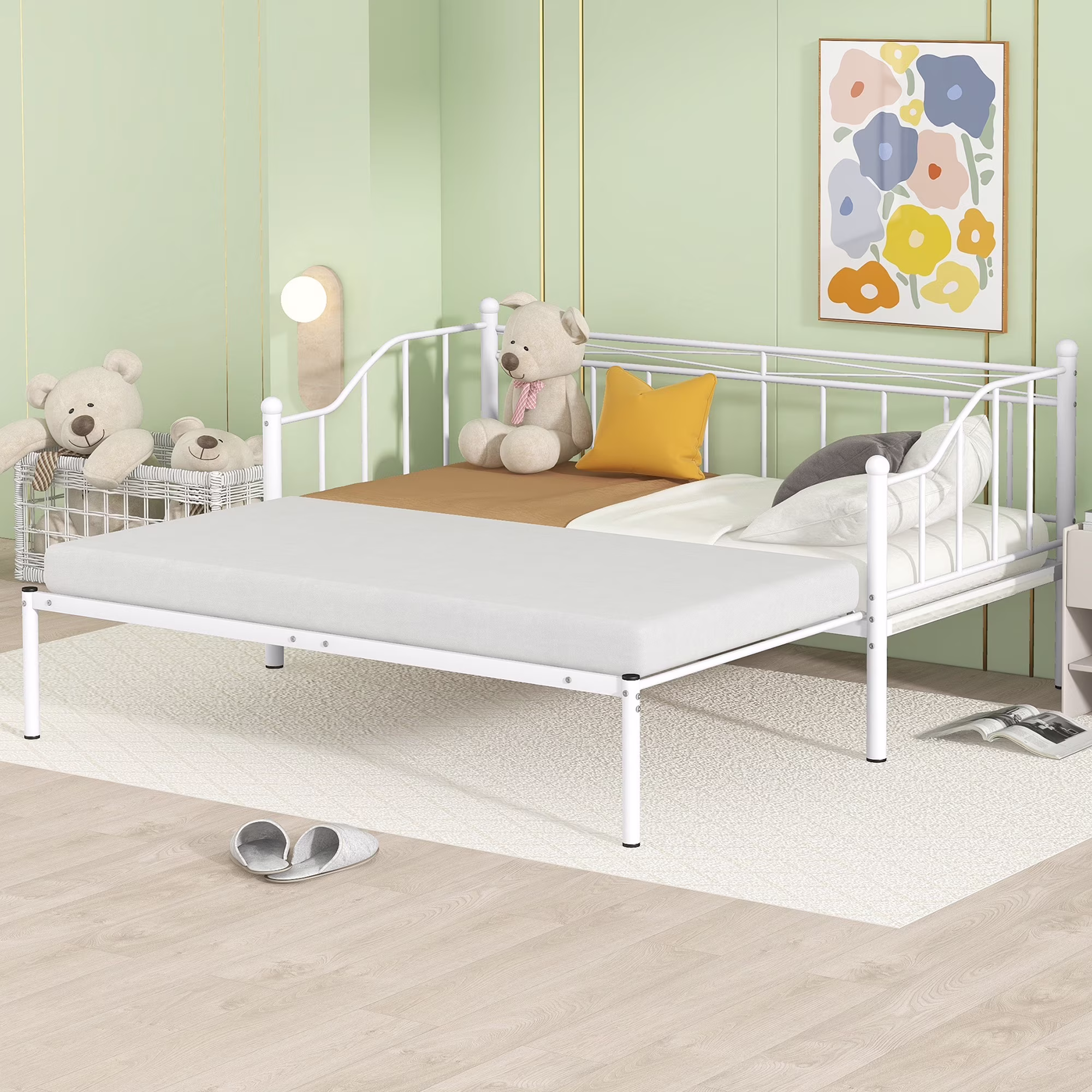 HSUNNS Twin Size Metal Frame Daybed with Pullout Trundle, Heavy Duty Steel Slat Support Sofa Bed Trundle Bed for Kids Boys Girls Teens Adults Guests, No Spring Box Needed, White