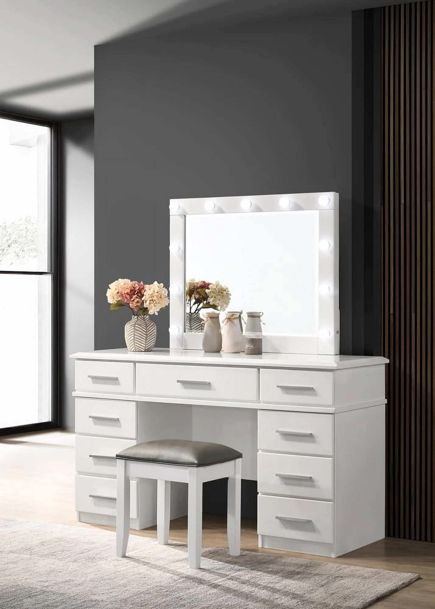 Coaster Furniture Felicity 9-drawer Glossy White, Vanity Desk with Lighted Mirror