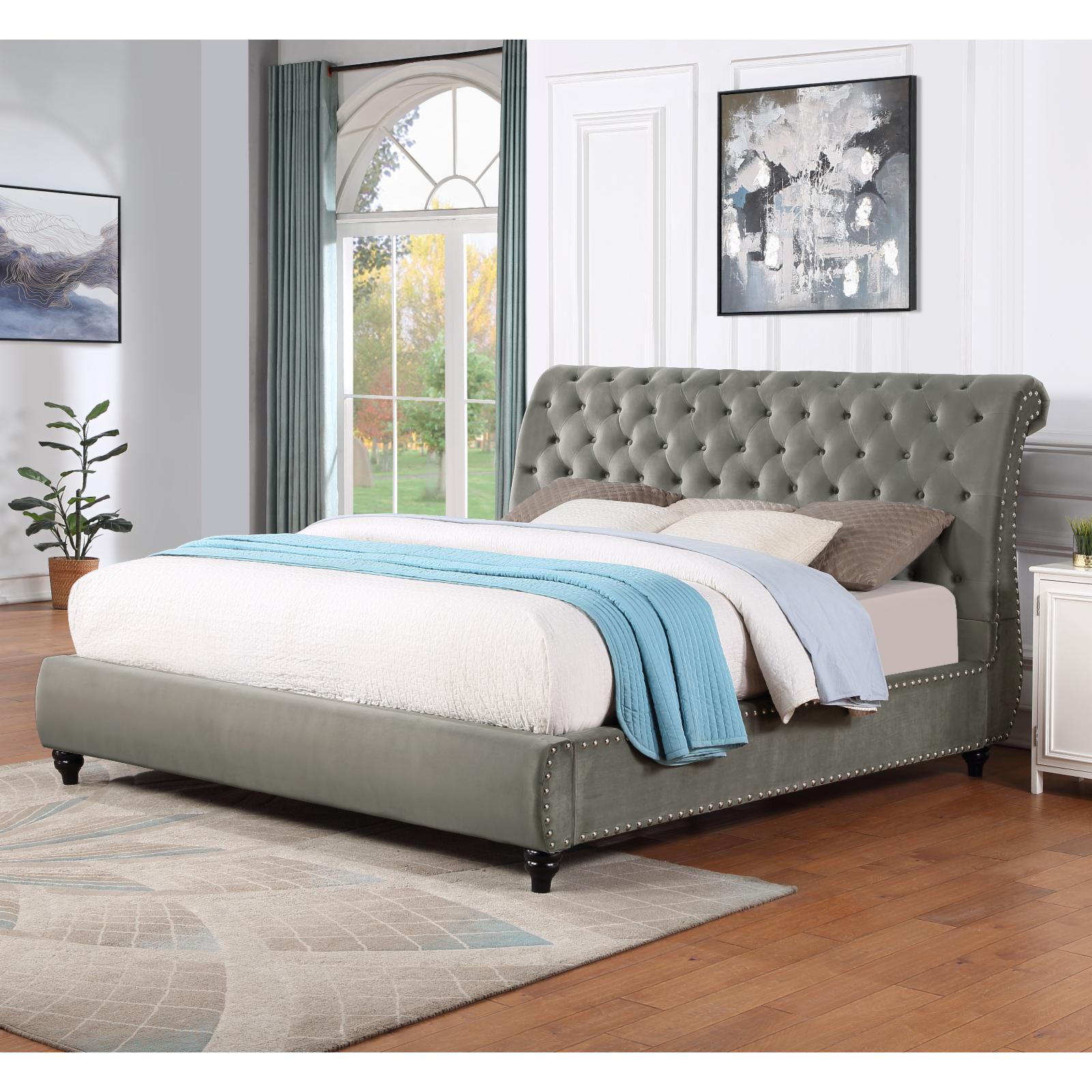 Roundhill Furniture Cerderia Velvet Tufted Nailhead Sleigh Bed - King