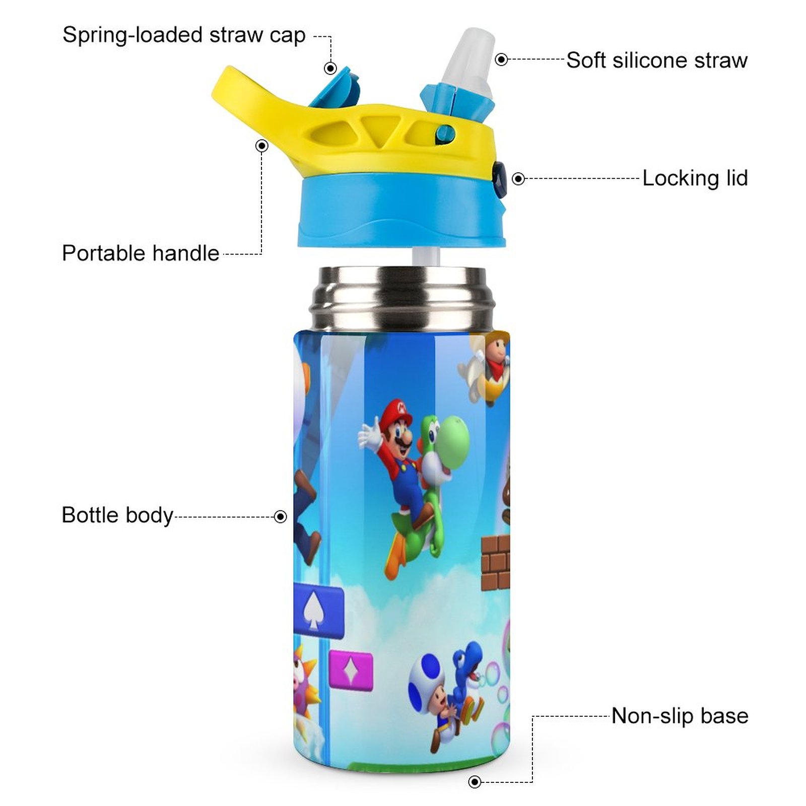 Super Mario Game Kid's Insulated Water Bottle With Straw Vacuum Stainless Steel Cup Leak-Proof Children Toddler Thermoses