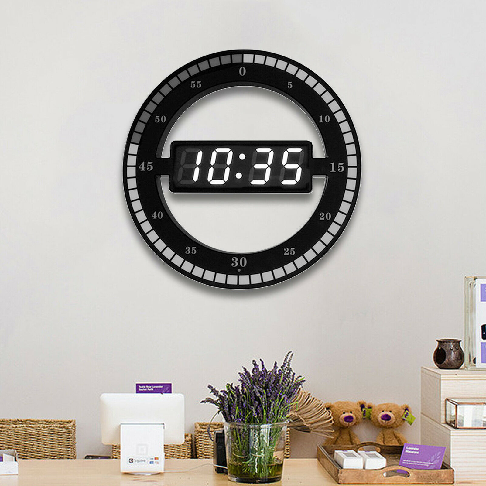 CNCEST Digital 12'' Wall Mount Clock Modern LED Round Alarm Clock Snooze 12/24 Hour Display (Black)