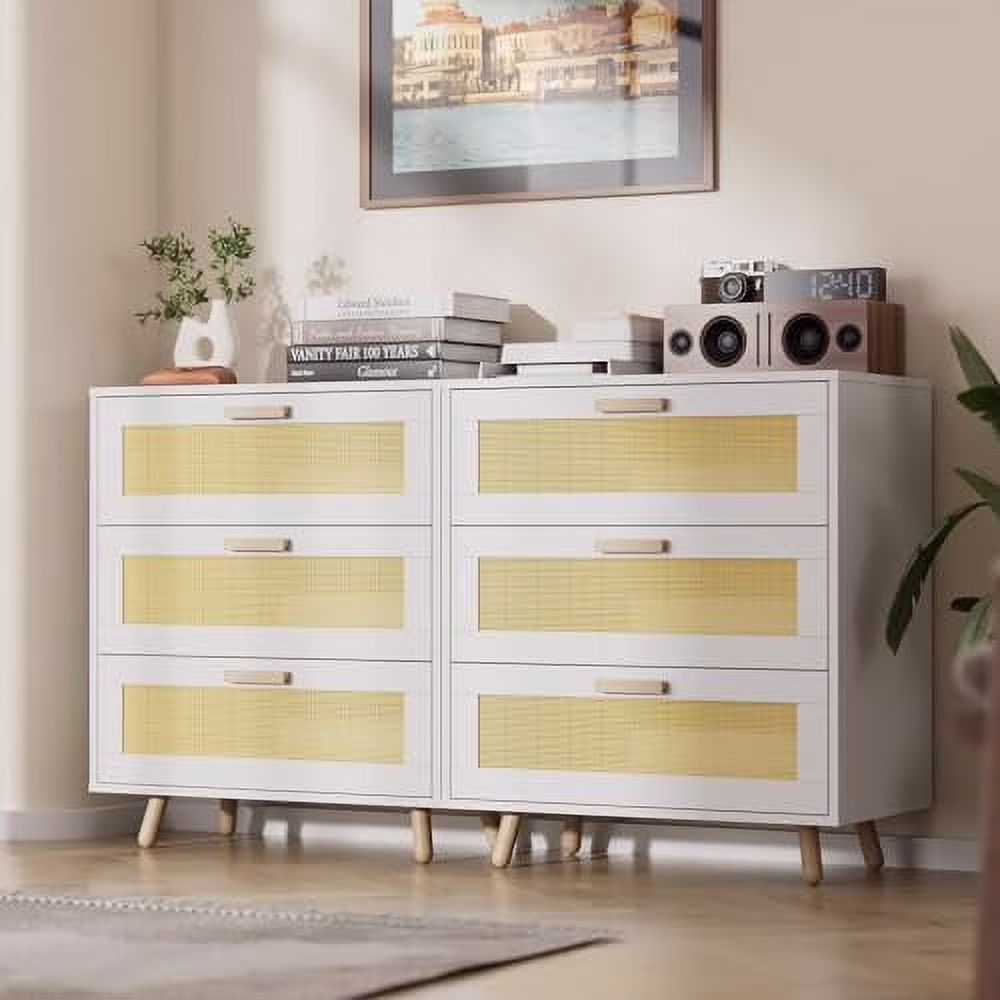 xrboomlife 3 Drawer Dresser  Rattan Modern Dresser Chest  Hobo Drawer Dresser  Closet Dresser Chest of Drawers  Mid-Century Modern Dresser as Nightstand  Black Dresser for Bedroom  Living