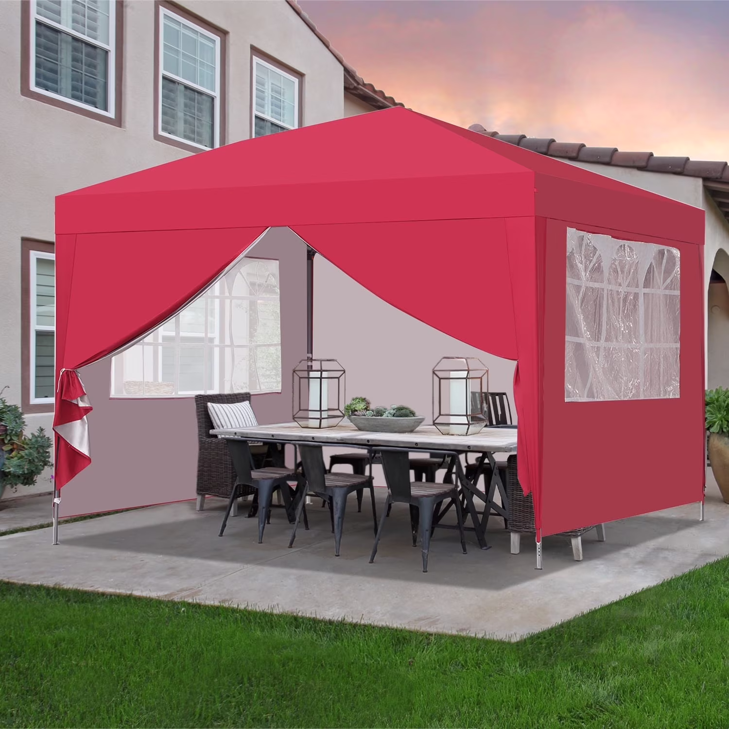 Outdoor Basic 10' x 10' Pop up Canopy Tent with 4 Side Panels Outside Canopy, One Push Tent Canopy with Wheeled Carry Bag, Extra 8 Stakes and 4 Ropes, Red