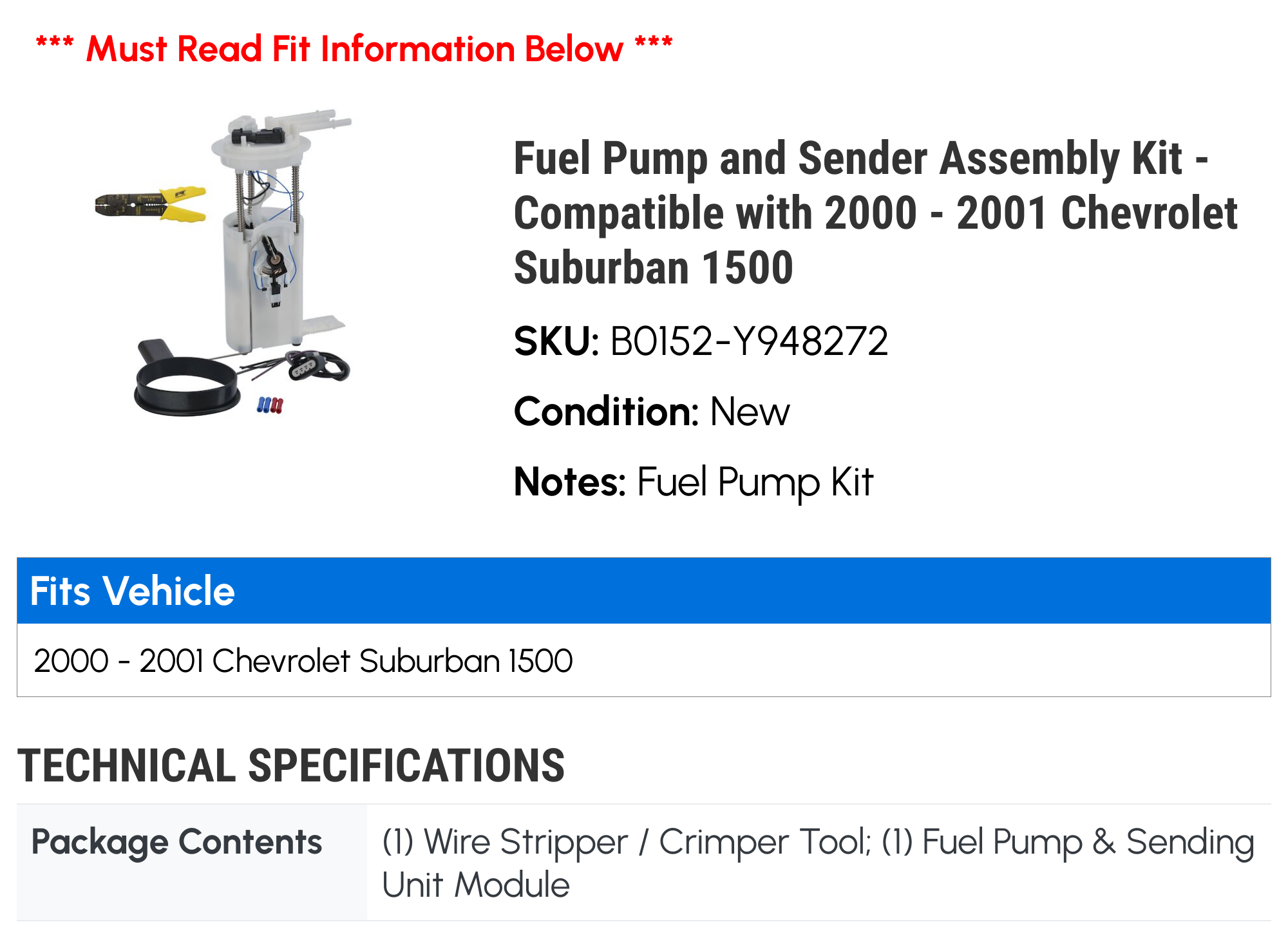 Fuel Pump and Sender Assembly Kit - Compatible with 2000 - 2001 Chevy Suburban 1500