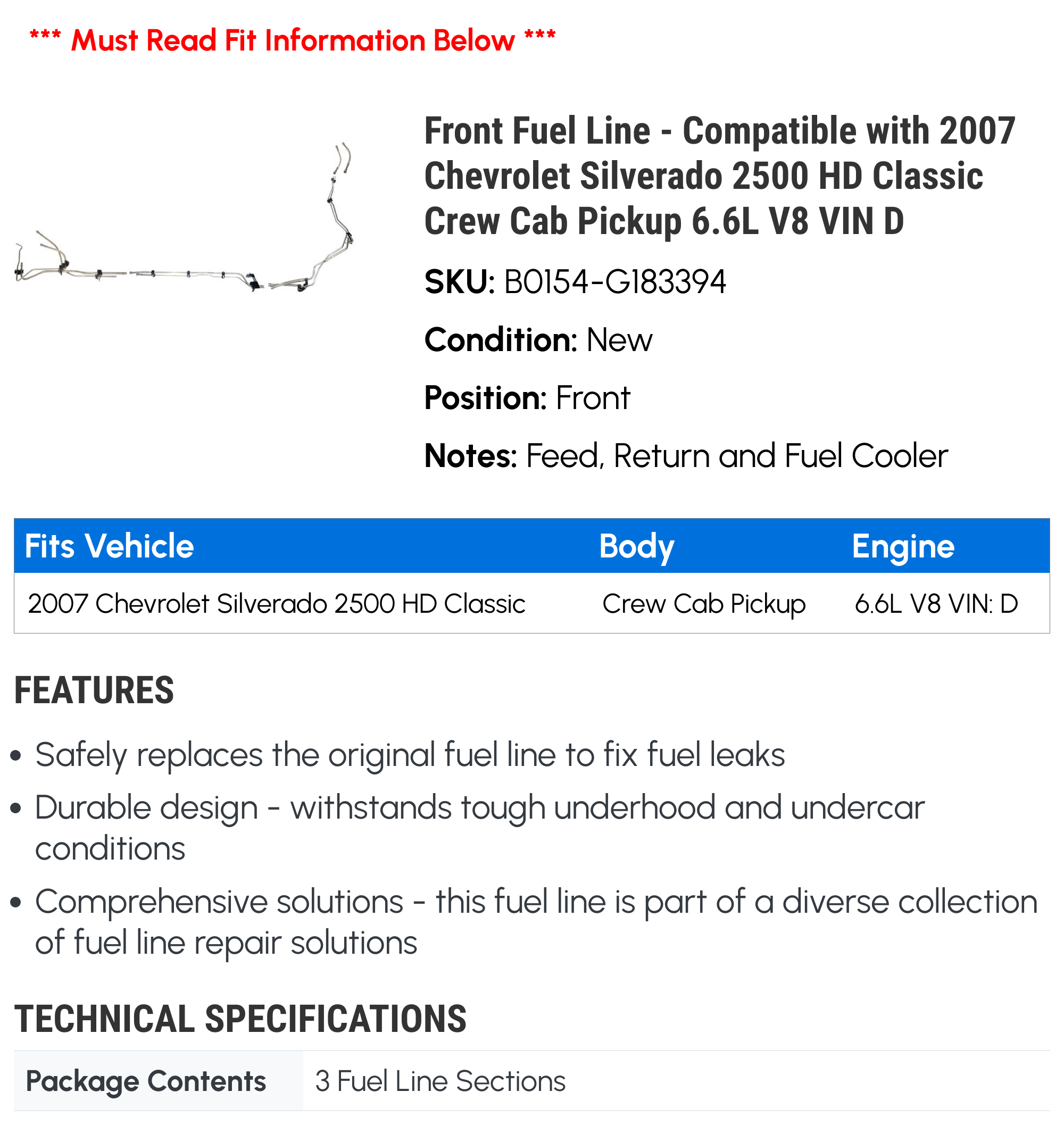 Front Fuel Line - Compatible with 2007 Chevy Silverado 2500 HD Classic Crew Cab Pickup 6.6L V8 VIN D