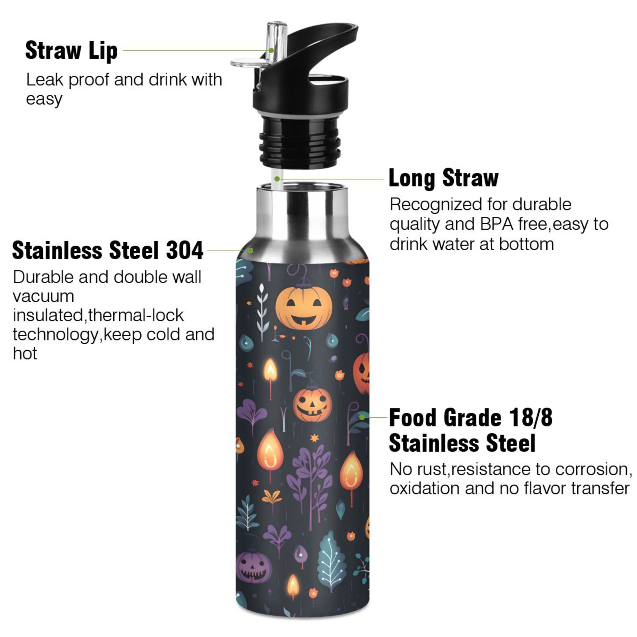 Water Bottle with Straw Lid Leak Halloween Pumpkins with Leaves Stainless Steel Insulated Thermos Vacuum Flask for Cold Hot Drinking for Sports Camping Gym Yoga