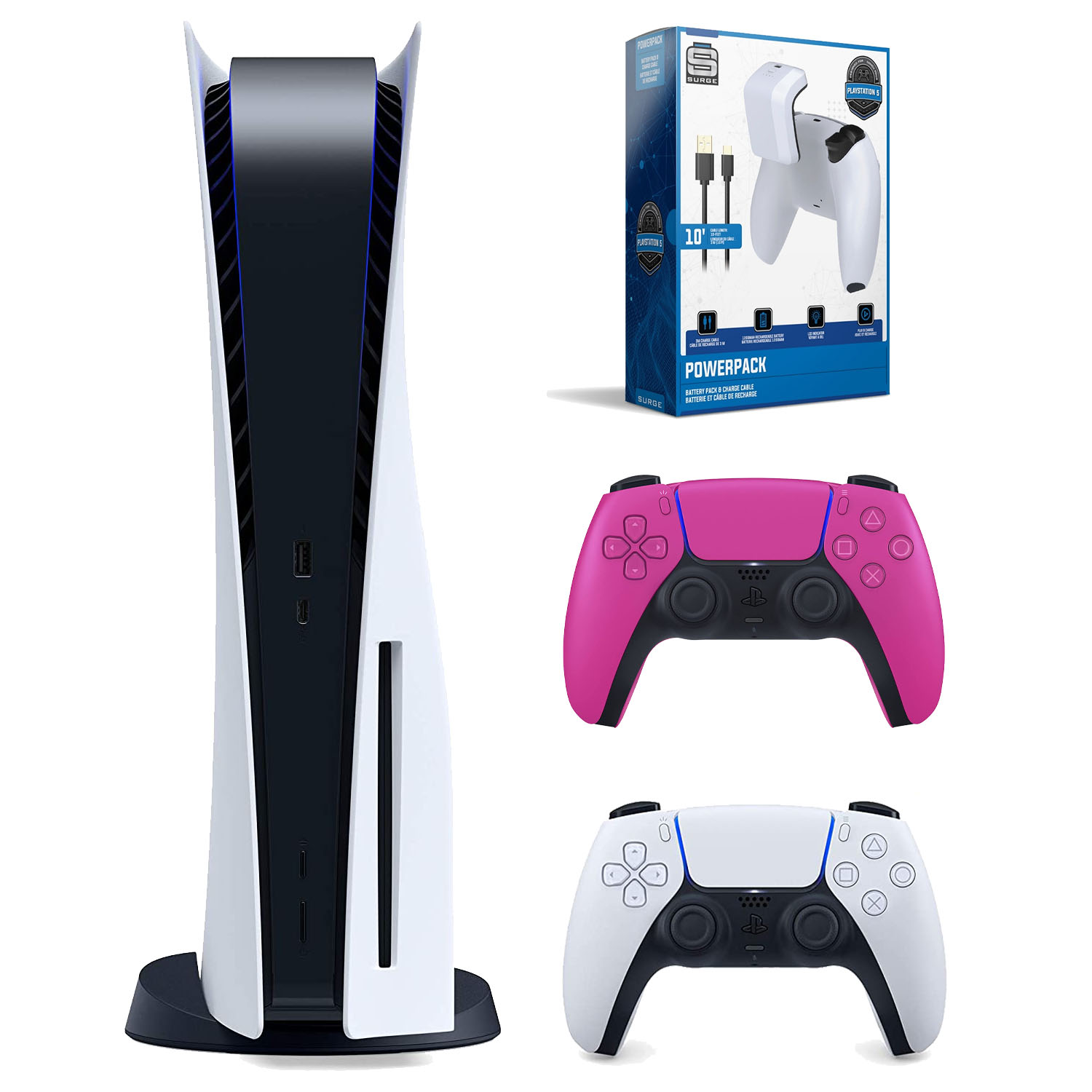 Sony Playstation 5 Disc Version Console (Japan Import) with Extra Pink Controller, Surge PowerPack PS5 Battery Pack and Charge Cable