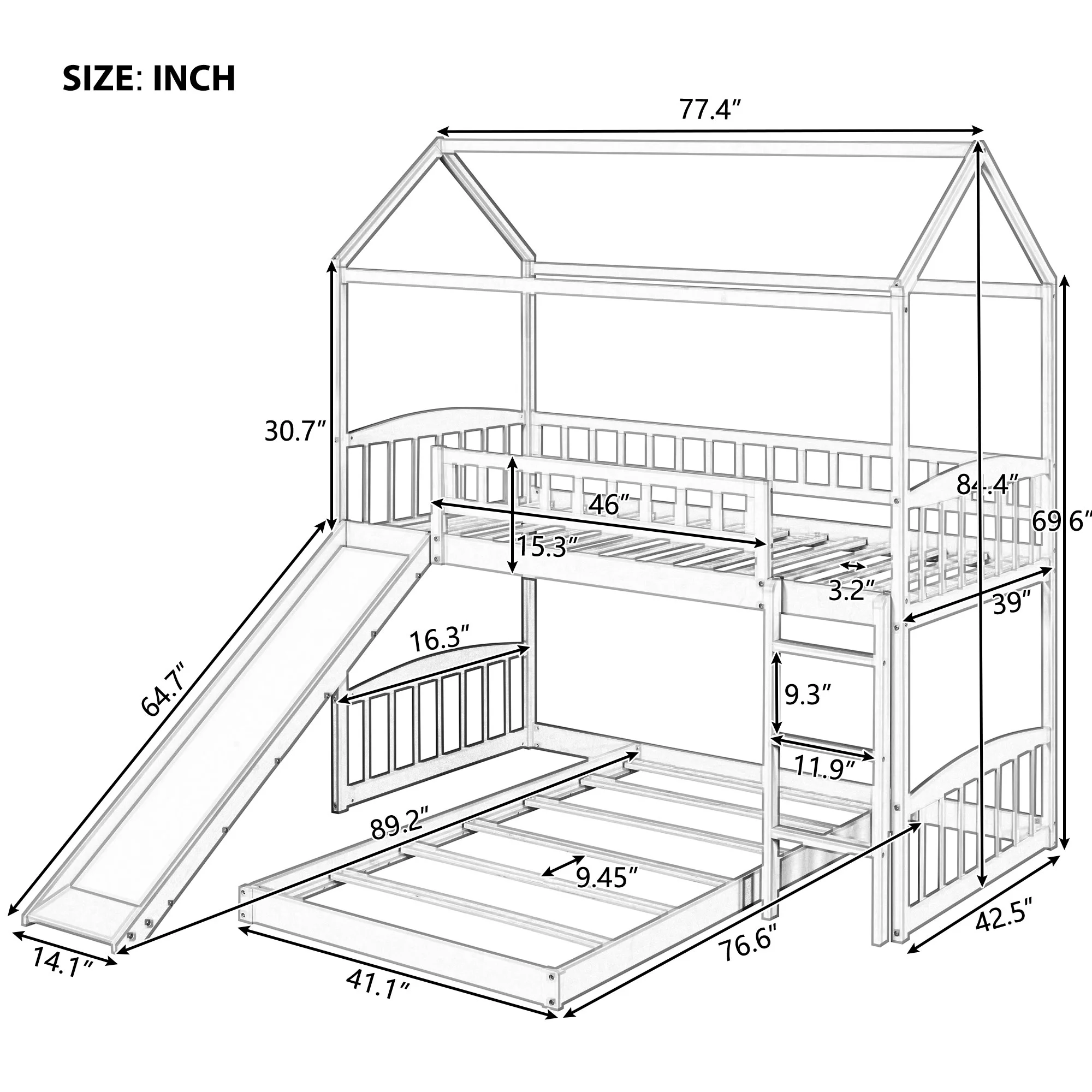 Gray Twin Over Twin House Bunk Bed with Slide