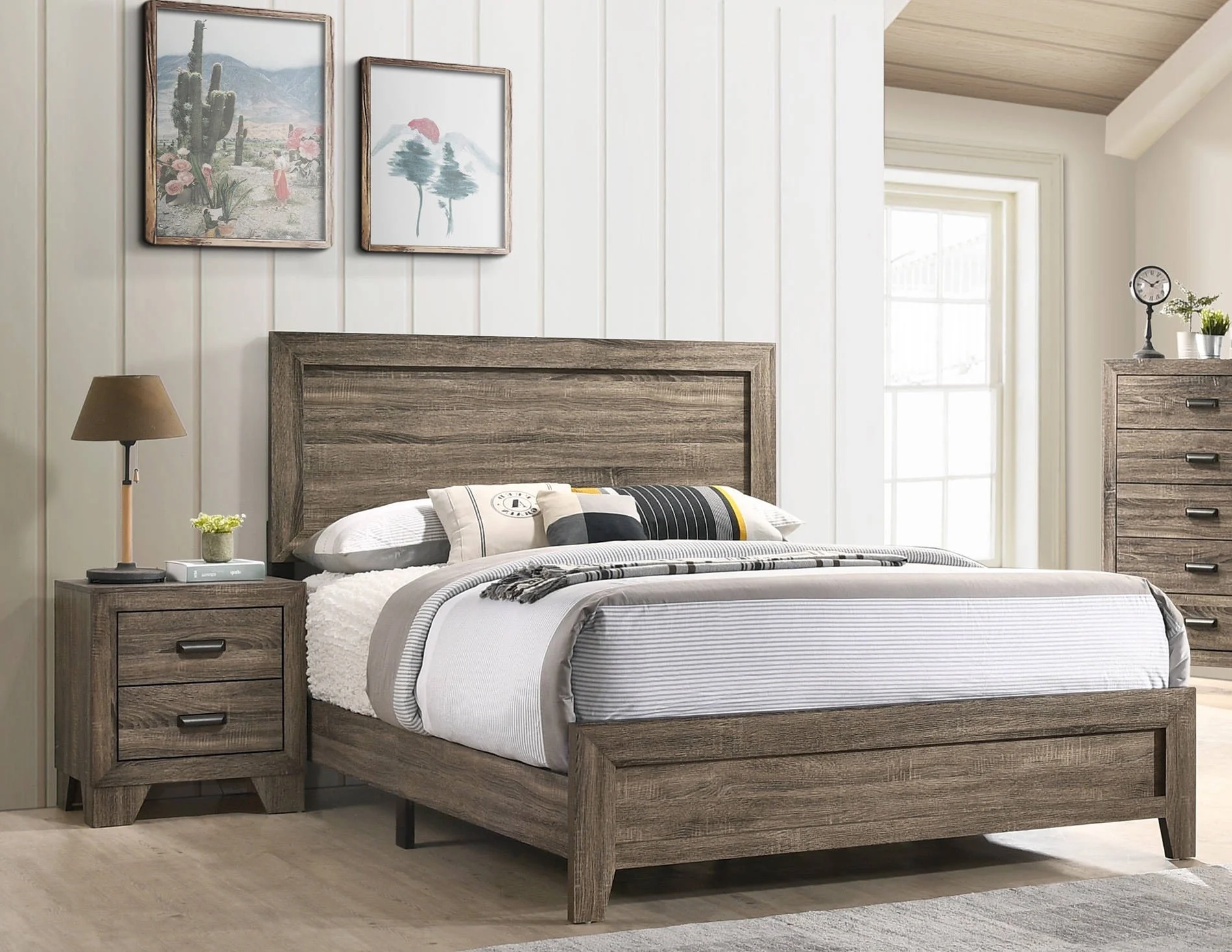 Contemporary 3Pc King Size Panel Bed Nightstand Set Wooden Home Bedroom Furniture Gray Finish