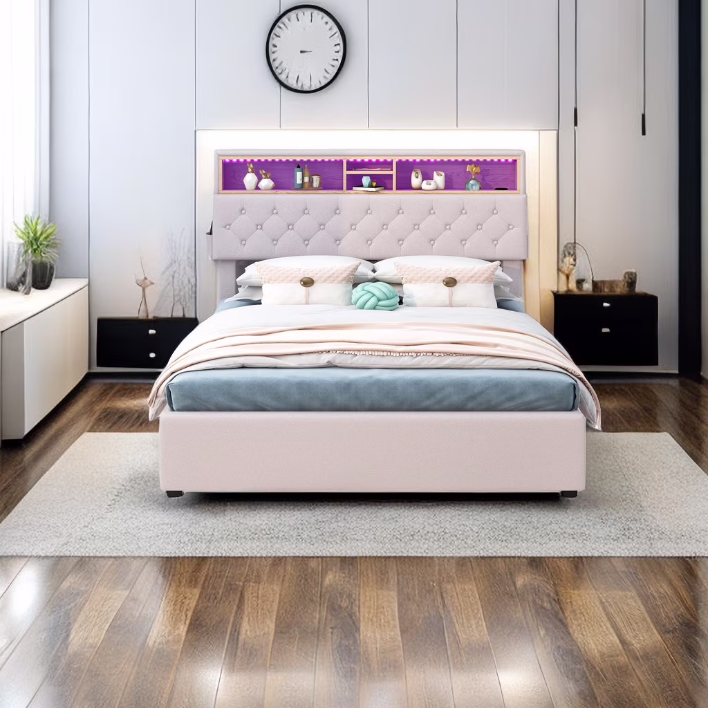 Upholstered Platform Bed, Wood Full Bed Frame with Adjustable Storage Headboard, LED Lighting and USB Charging, Kids Adults Bedroom Furniture Storage Bed with Side Pockets and Drawers