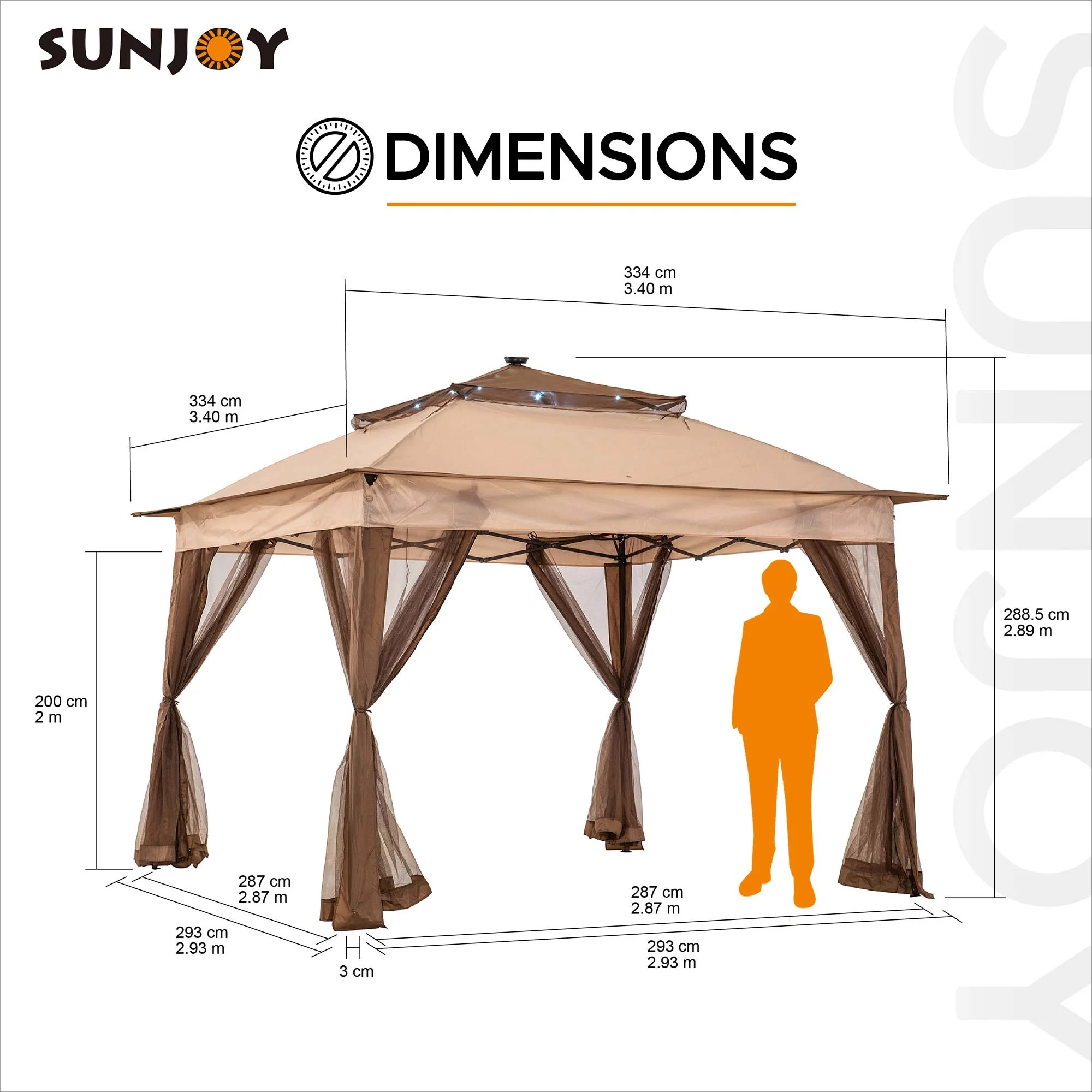 Sunjoy 11x11x9.5 ft. Outdoor Pop up Steel Frame Brown Soft Top Gazebo with Solar LED Lighting