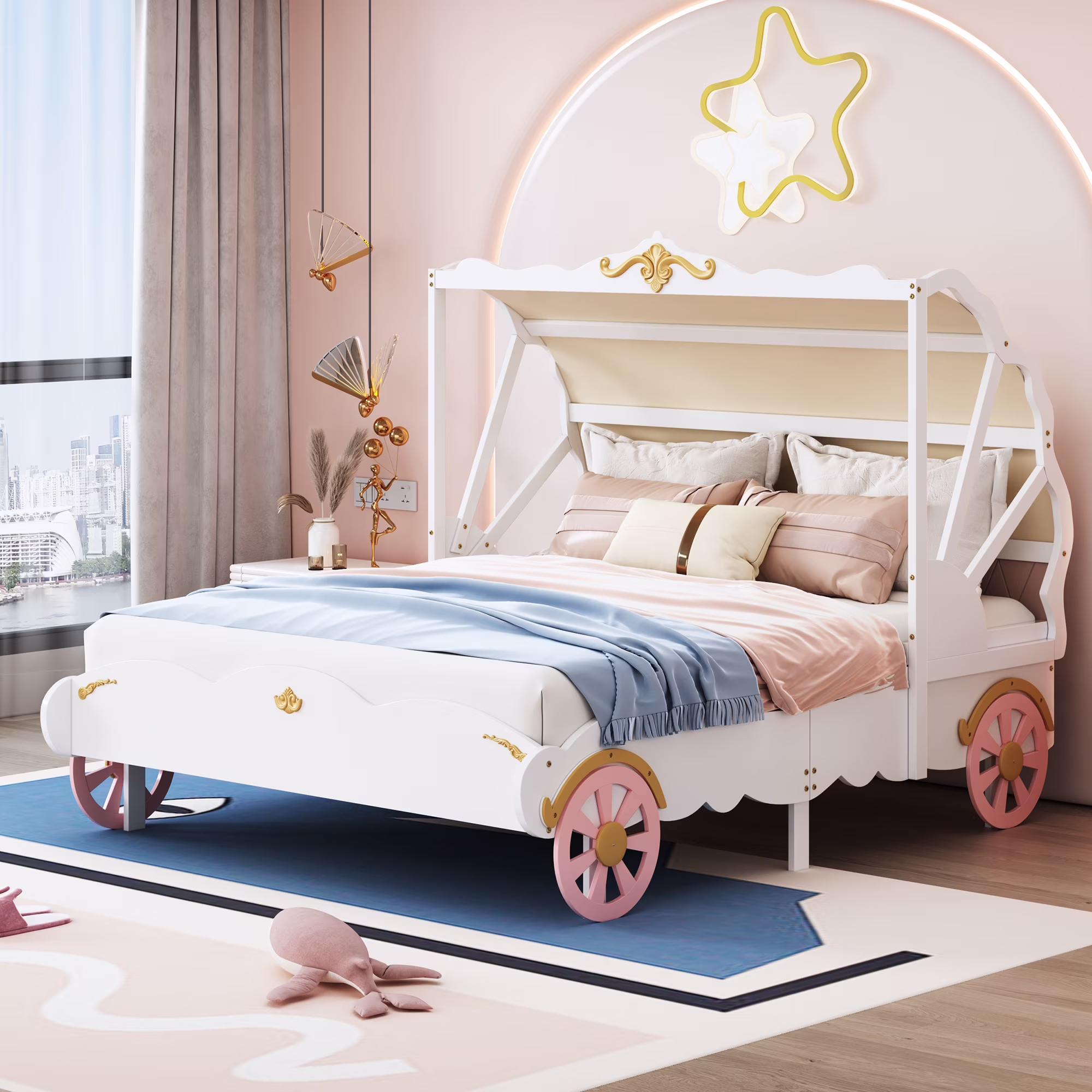 Euroco Full Size Carriage Platform Bed with Canopy, Solid Wood Car Bed for Princess, White & Pink