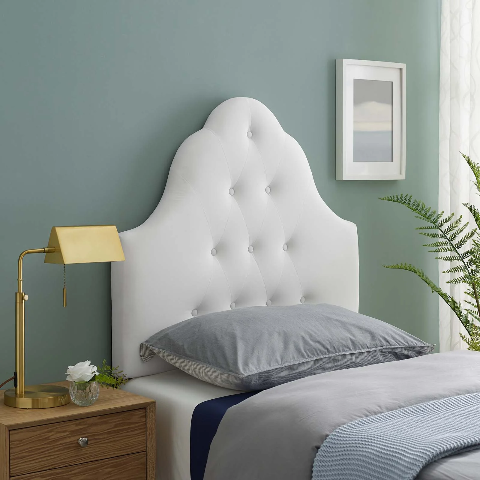 Contemporary Modern Urban Designer Bedroom Twin Size Tufted Headboard, Velvet Fabric, White