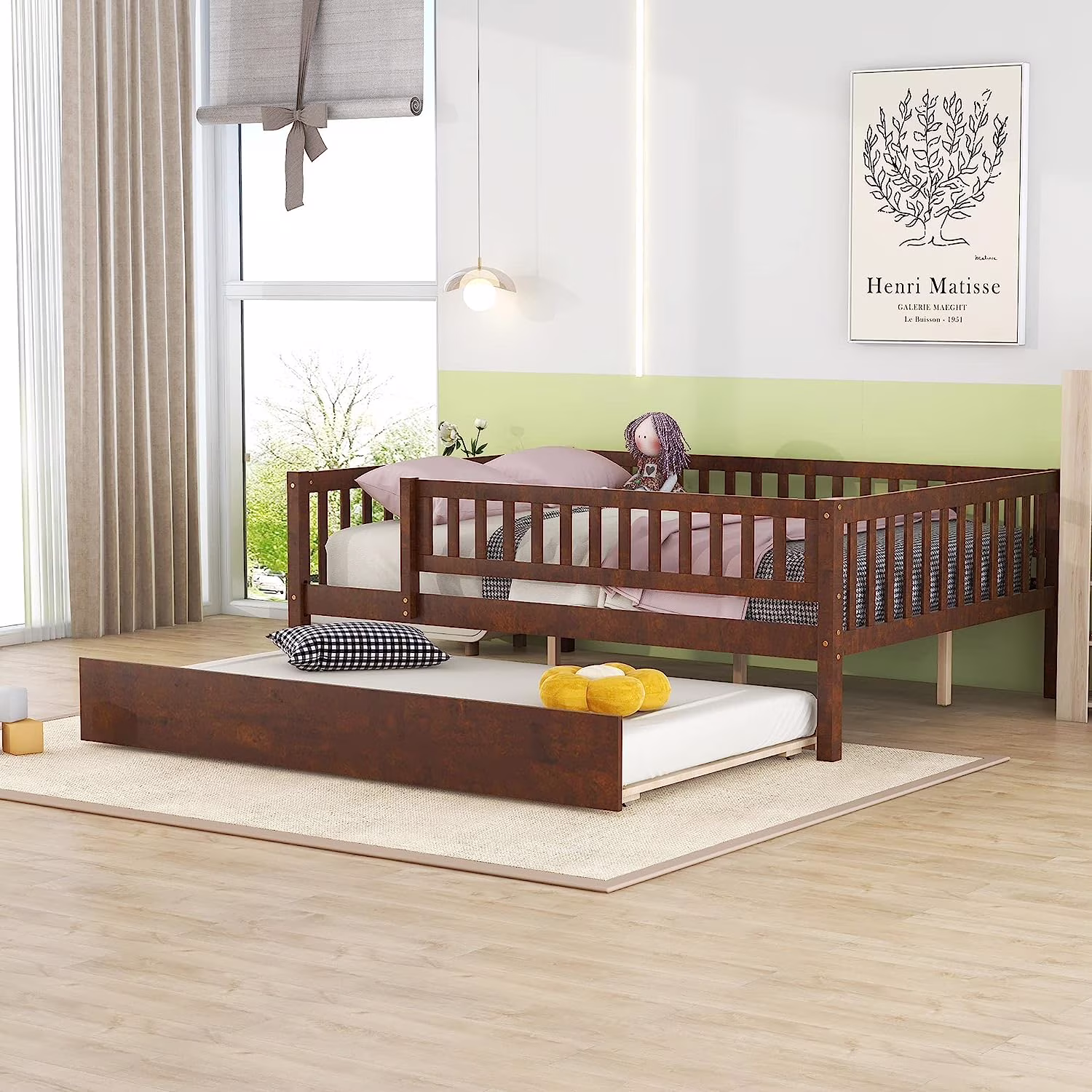 Full Size Daybed With Trundle, Wood Kids Full Platform Bed Frame With Rails, No Box Spring Needed, Easy Assembly (Full Size, Walnut)