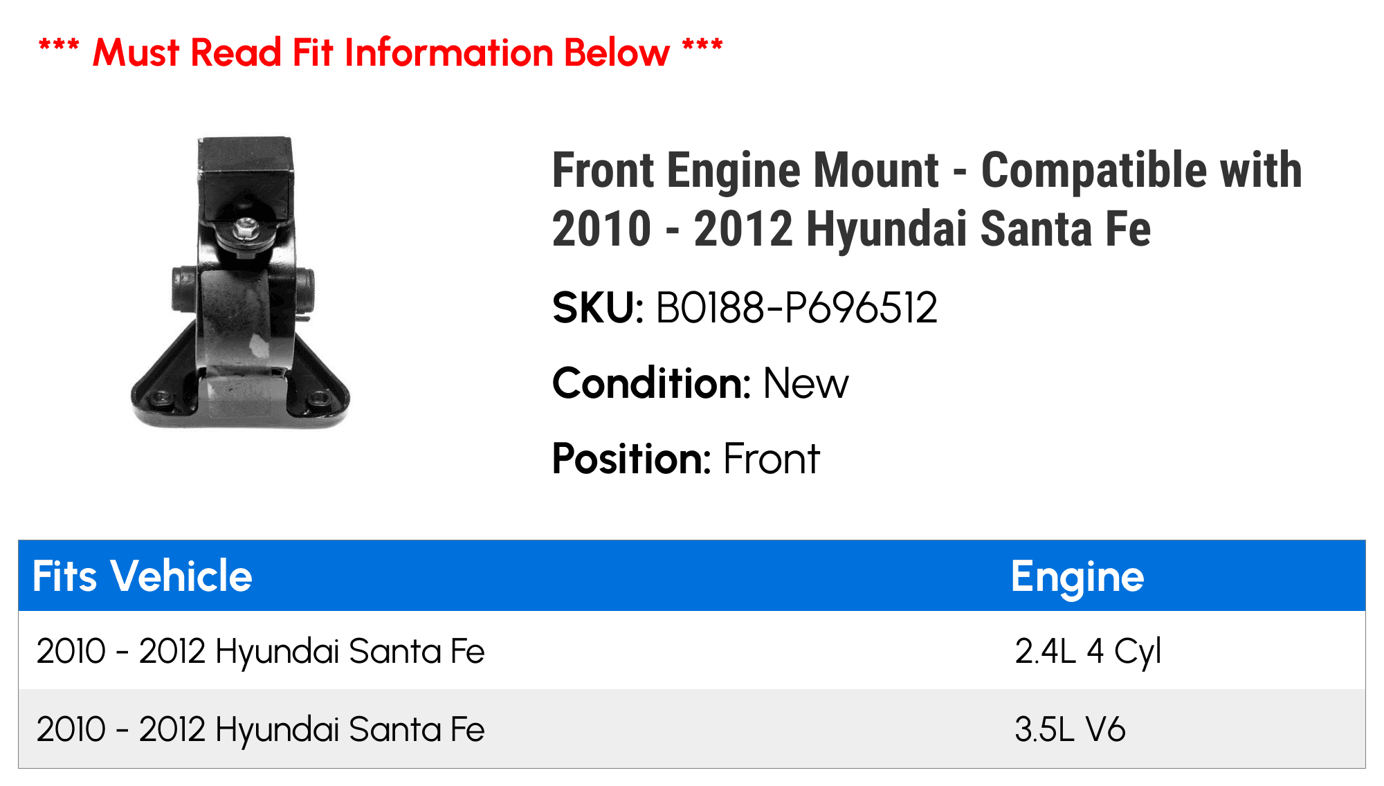 Front Engine Mount - Compatible with 2010 - 2012 Hyundai Santa Fe 2011