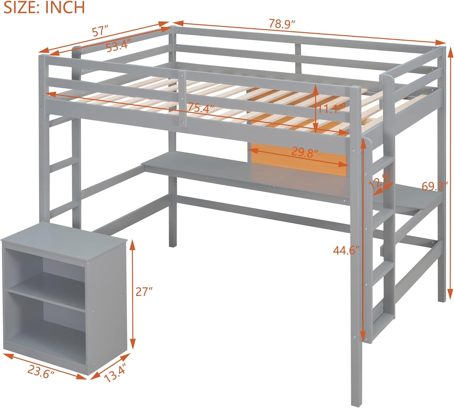Full Size Loft Bed Frame With Desk, Storage Shelves And Writing Board, Wood Loft Beds With Two Ladders And Moveable 2-Shelf Cabinet, High Loft Bed For Kids Boys Girls Teens, Gray