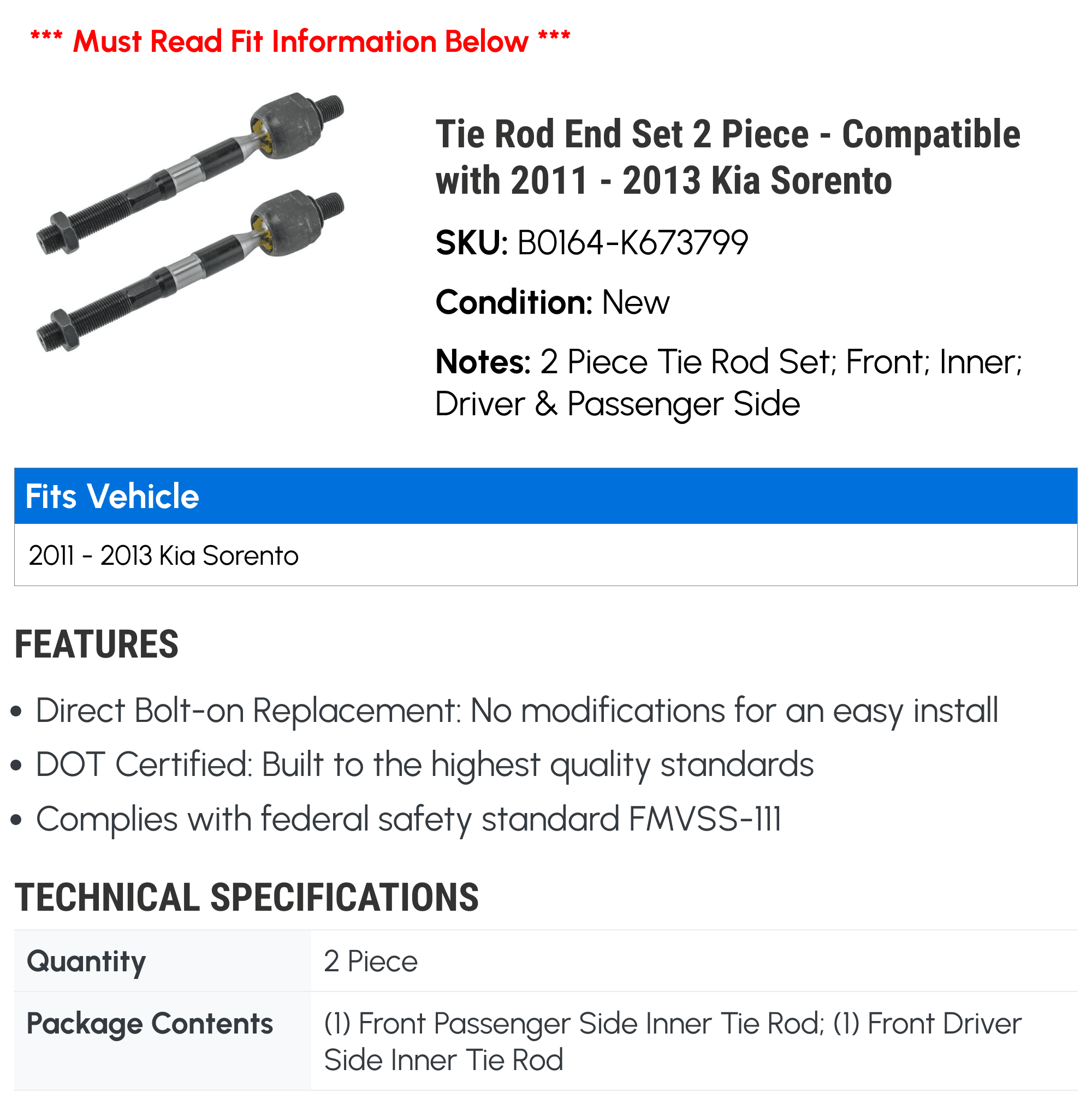 Tie Rod End Set 2 Piece - Compatible with 2011 - 2013 Kia Sorento 2012