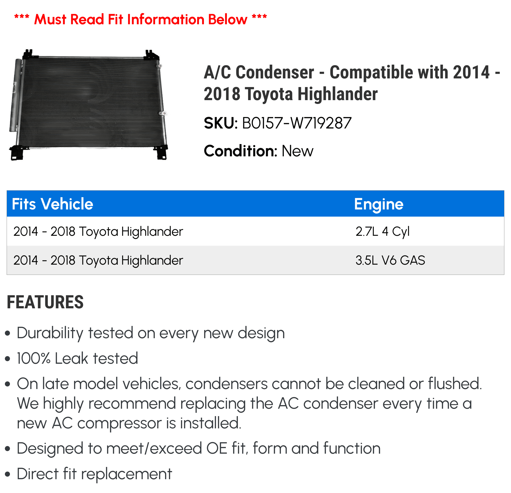 A/C Condenser - Compatible with 2014 - 2018 Toyota Highlander 2015 2016 2017